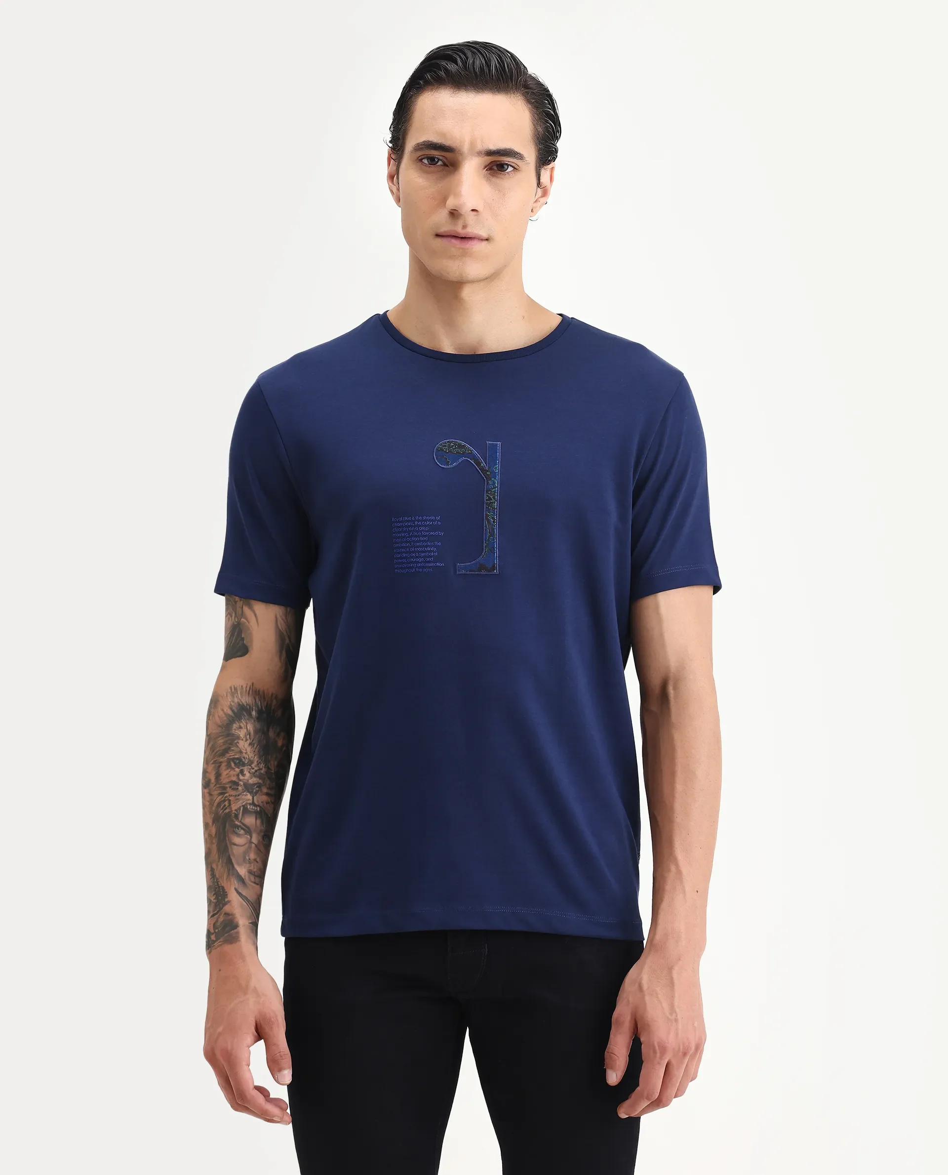 Rare Rabbit Men's Tezo Navy Cotton Blend Graphic Print Regular Fit Half Sleeve Crew Neck T-Shirt - Image 4
