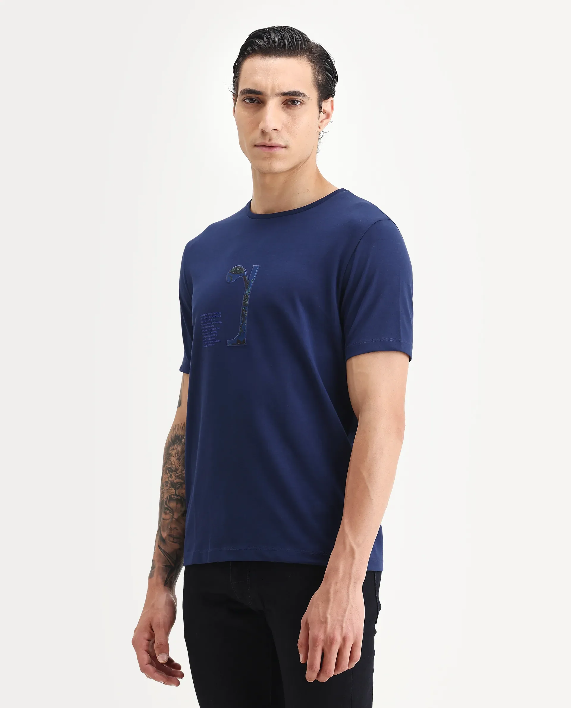 Rare Rabbit Men's Tezo Navy Cotton Blend Graphic Print Regular Fit Half Sleeve Crew Neck T-Shirt - Image 5