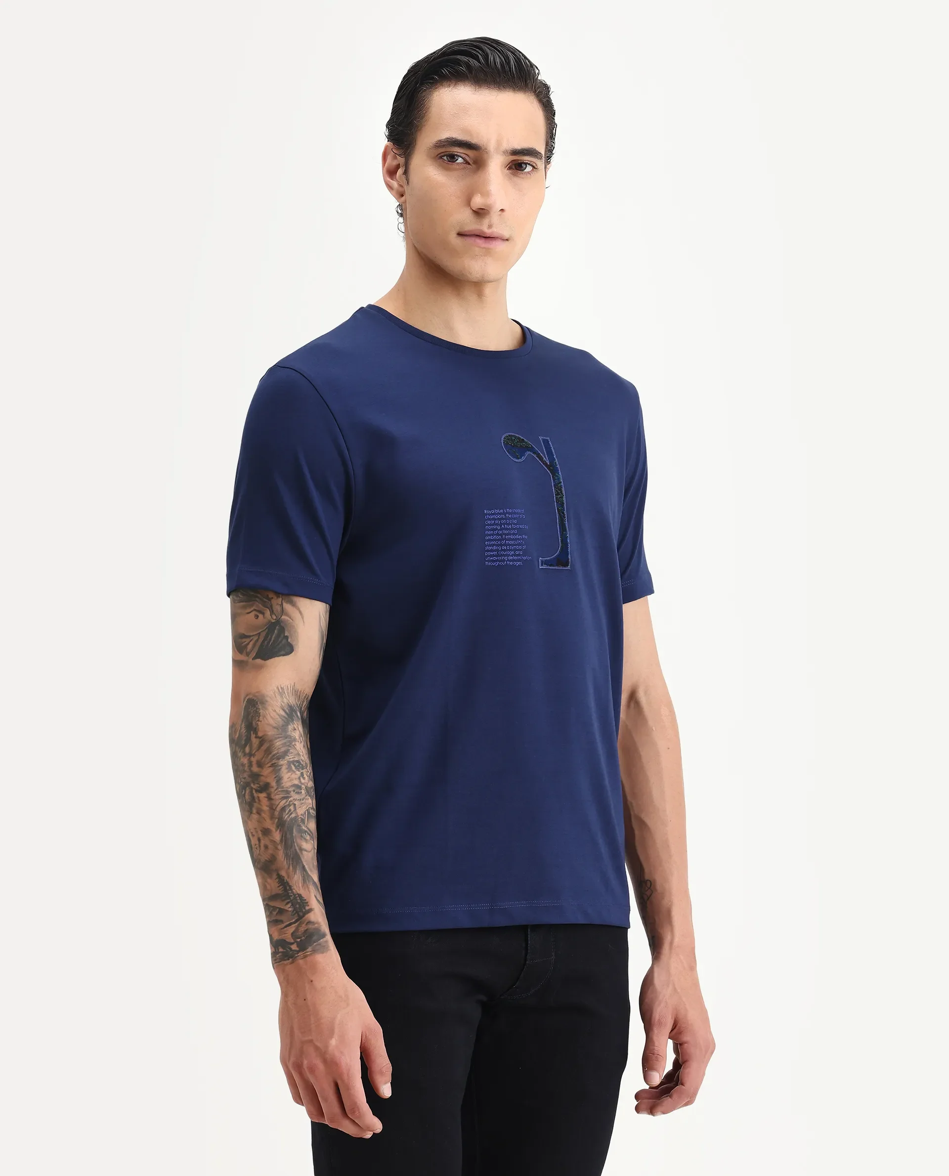 Rare Rabbit Men's Tezo Navy Cotton Blend Graphic Print Regular Fit Half Sleeve Crew Neck T-Shirt - Image 6
