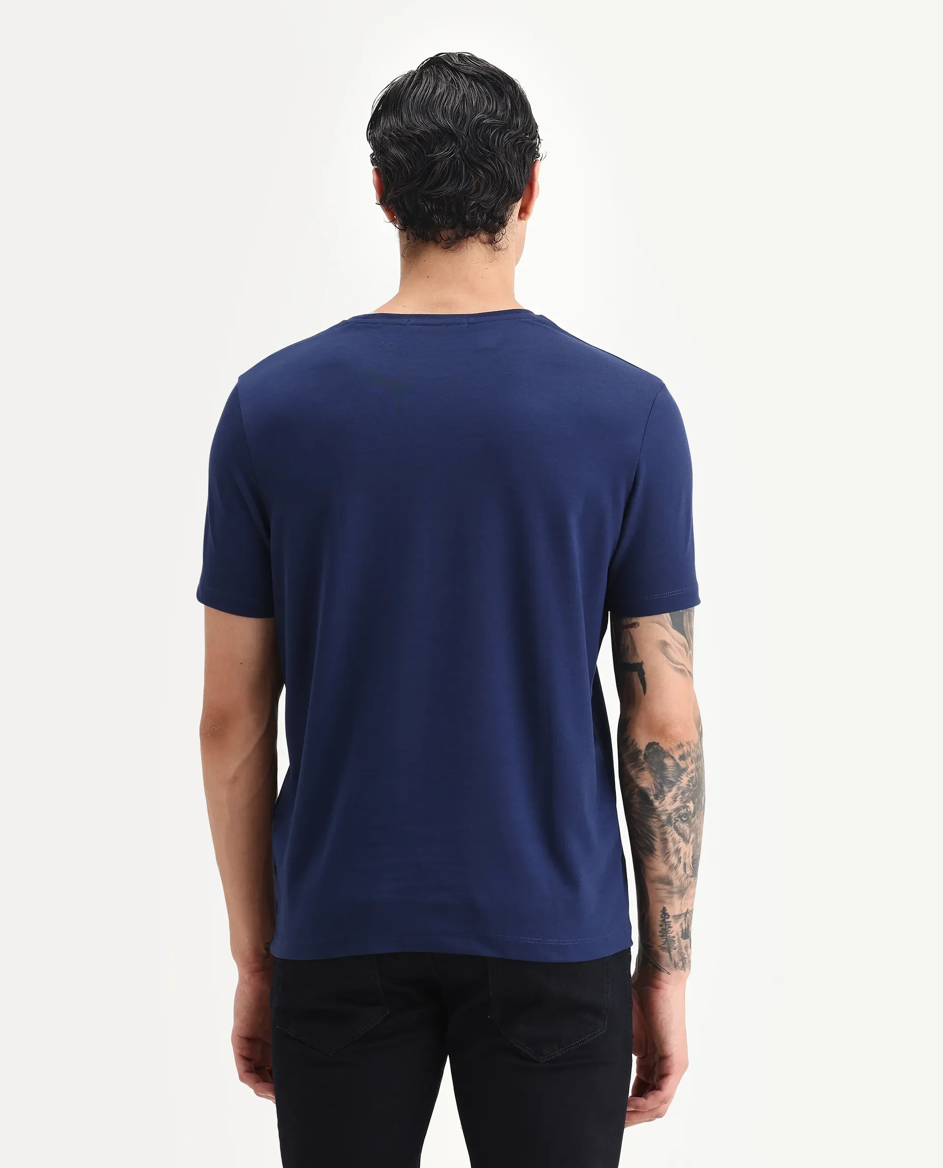 Rare Rabbit Men's Tezo Navy Cotton Blend Graphic Print Regular Fit Half Sleeve Crew Neck T-Shirt - Image 7