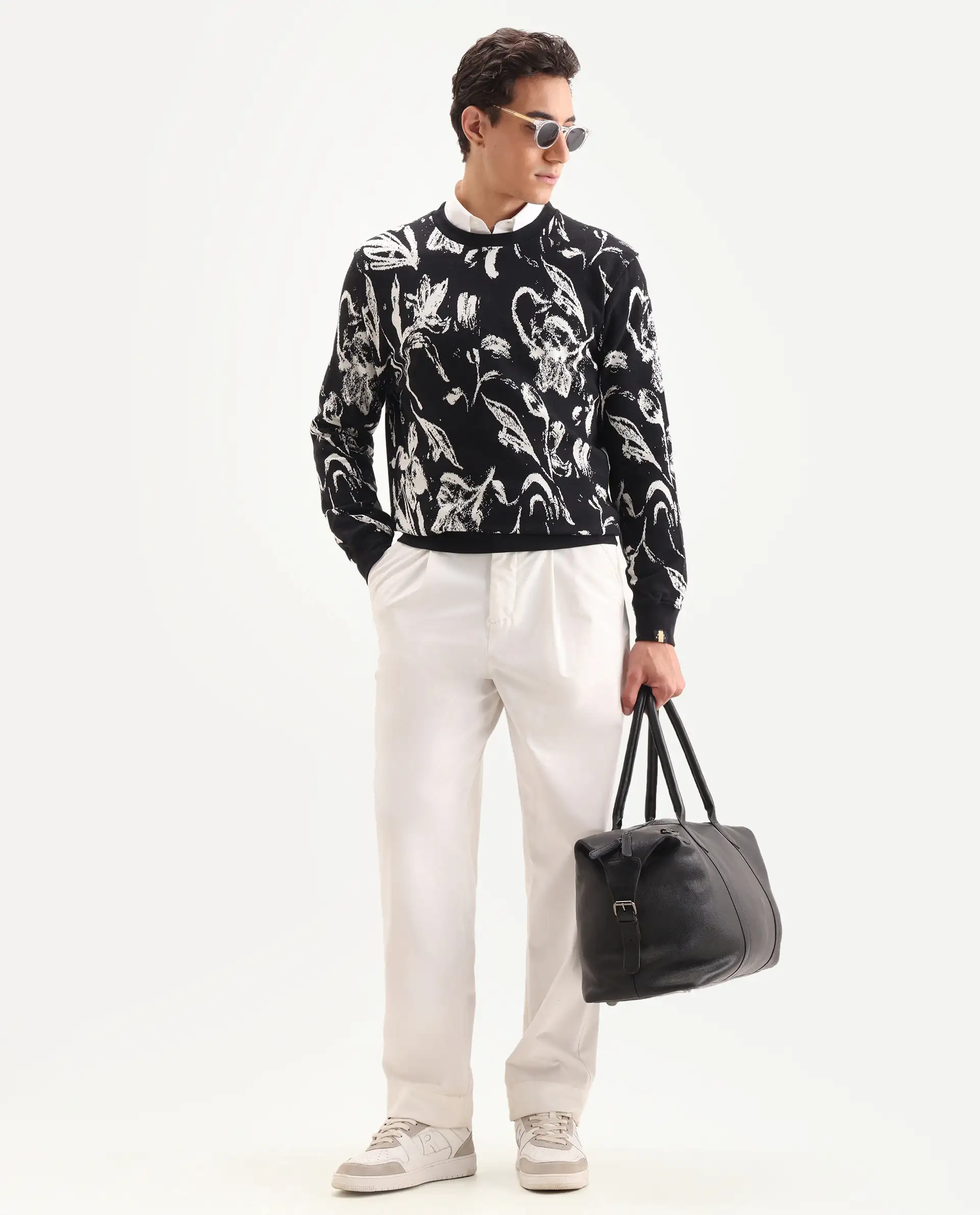 Rare Rabbit Men's Thalora Black Cotton Floral Print Regular Fit Full Sleeve Crew Neck Sweatshirt - Image 2