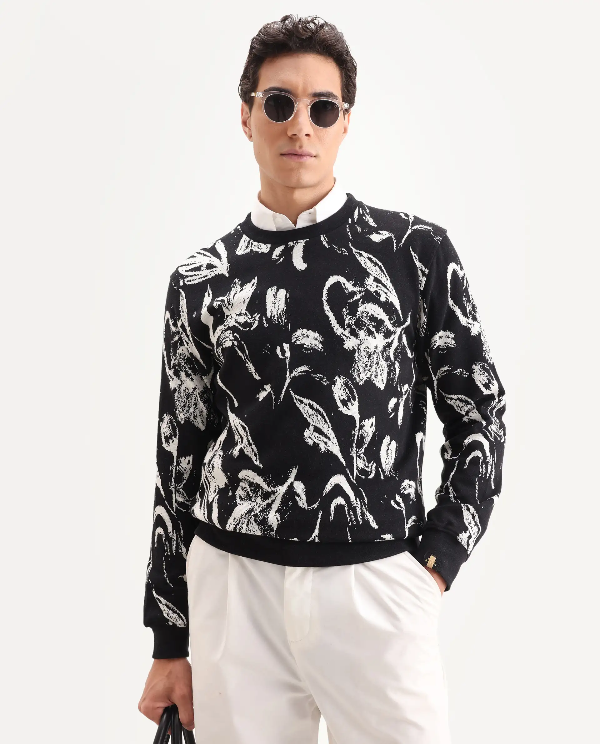 Rare Rabbit Men's Thalora Black Cotton Floral Print Regular Fit Full Sleeve Crew Neck Sweatshirt - Image 4