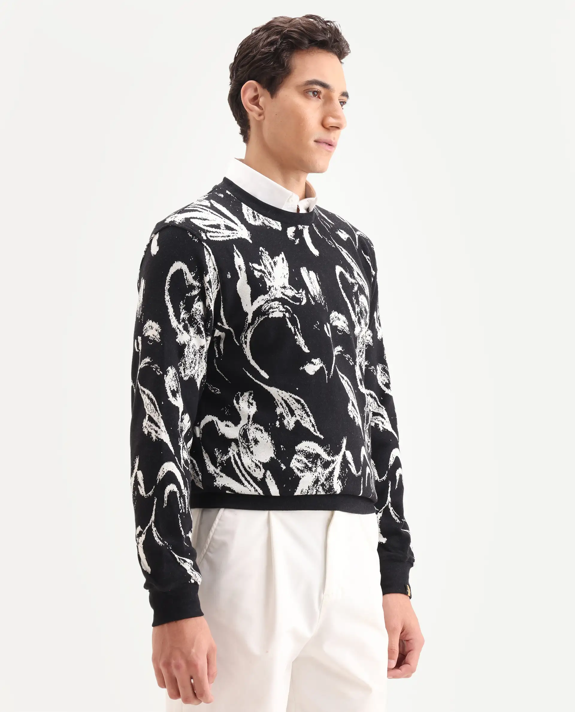 Rare Rabbit Men's Thalora Black Cotton Floral Print Regular Fit Full Sleeve Crew Neck Sweatshirt - Image 6
