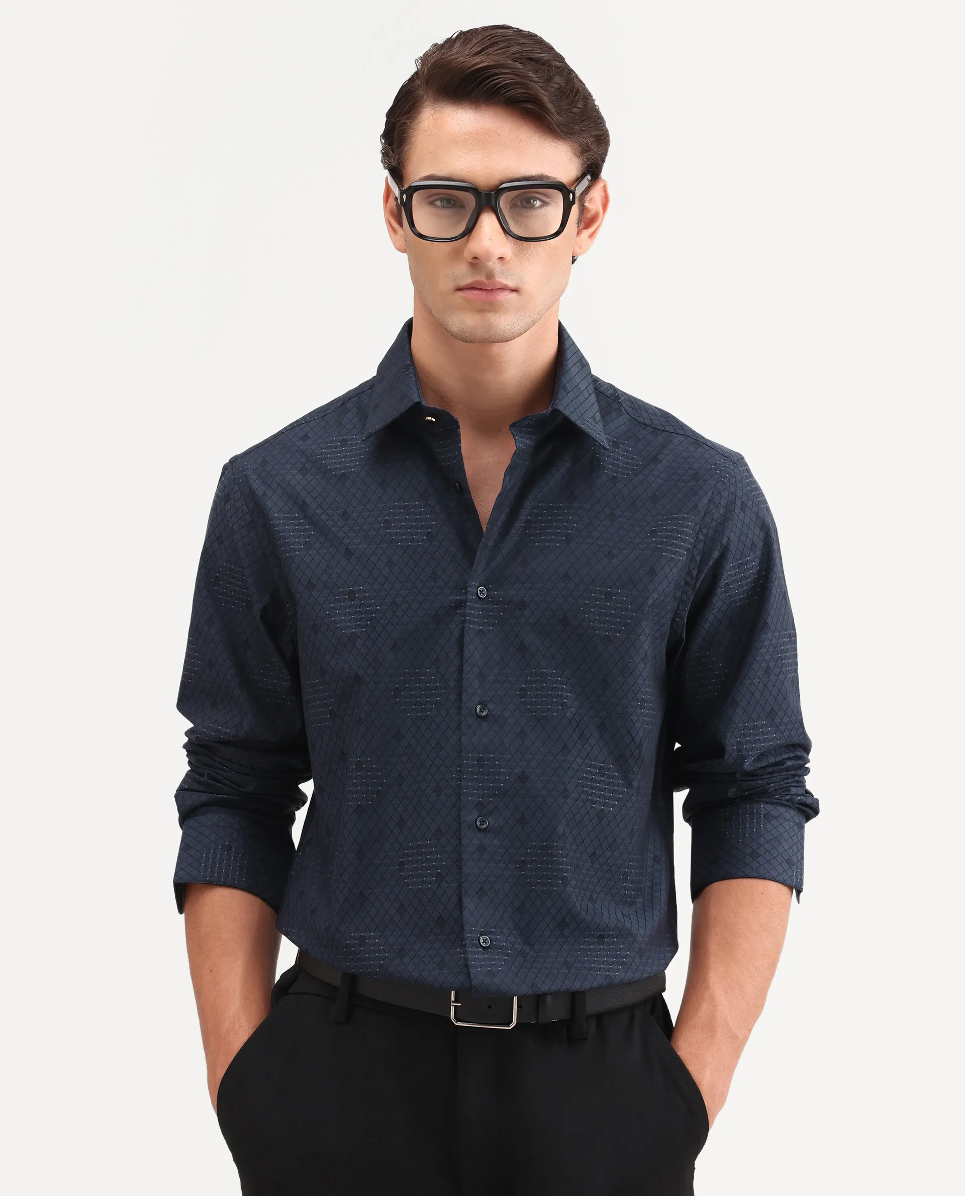 Rare Rabbit Men's Tham Navy Cotton Fabric Full Sleeve Spread Collar Button Regular Geometric Print Shirt