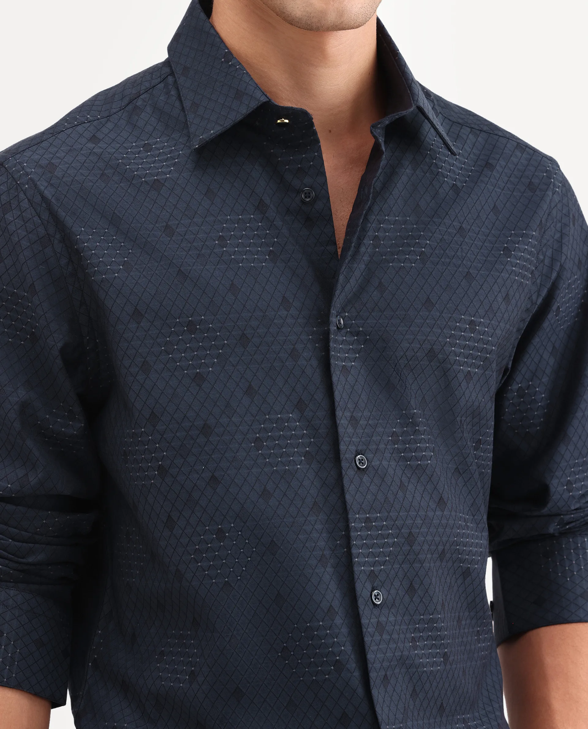 Rare Rabbit Men's Tham Navy Cotton Fabric Full Sleeve Spread Collar Button Regular Geometric Print Shirt - Image 3