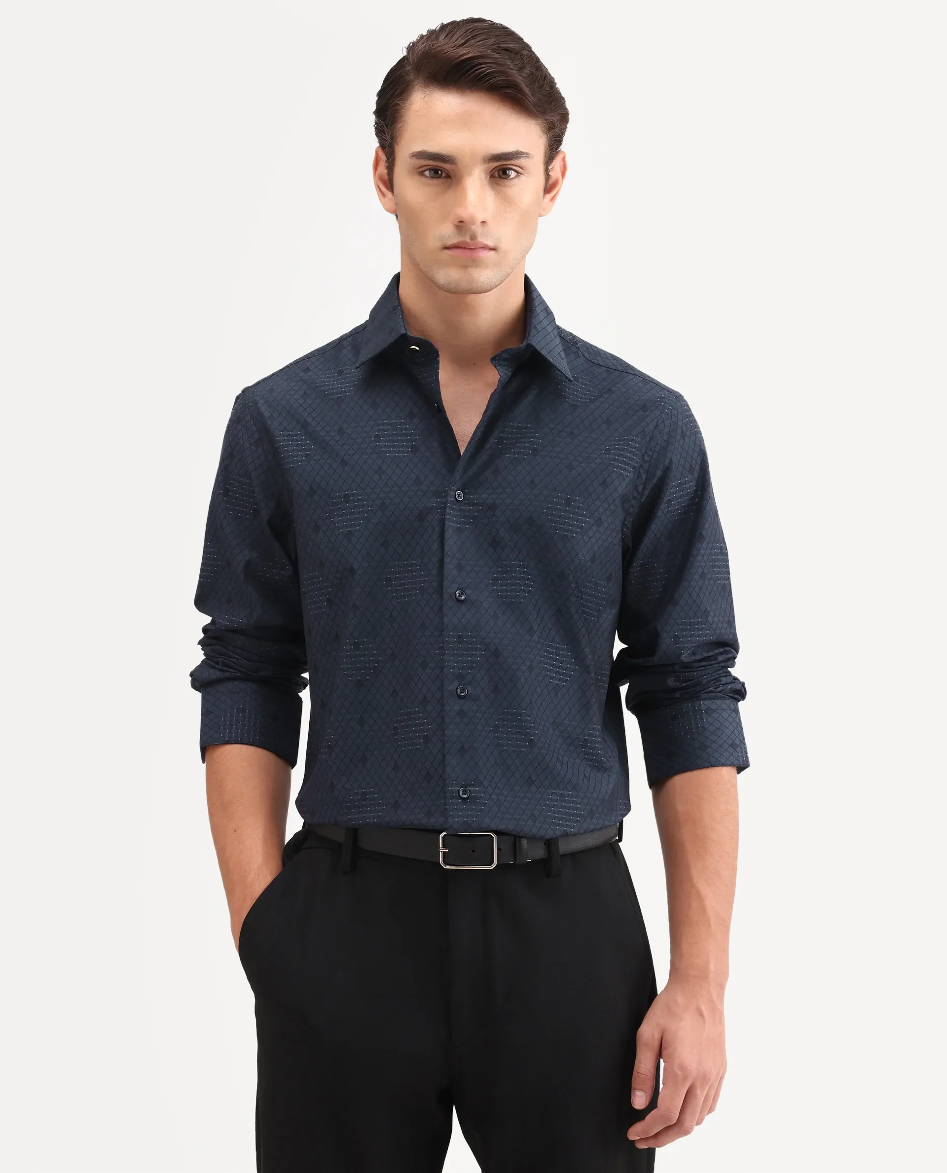 Rare Rabbit Men's Tham Navy Cotton Fabric Full Sleeve Spread Collar Button Regular Geometric Print Shirt - Image 4