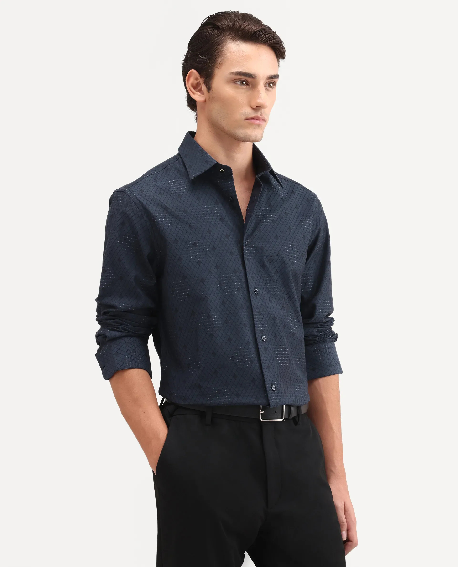 Rare Rabbit Men's Tham Navy Cotton Fabric Full Sleeve Spread Collar Button Regular Geometric Print Shirt - Image 5
