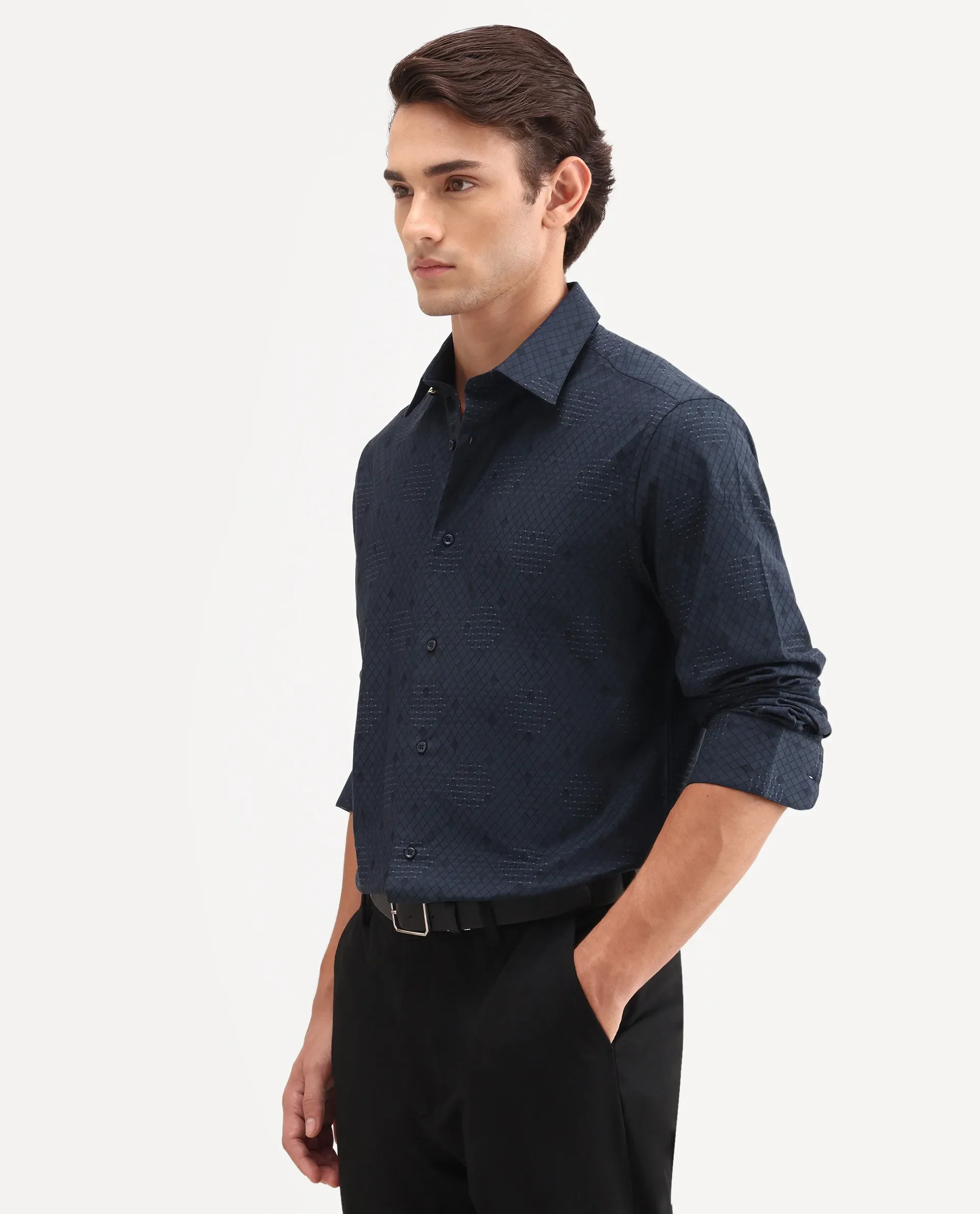 Rare Rabbit Men's Tham Navy Cotton Fabric Full Sleeve Spread Collar Button Regular Geometric Print Shirt - Image 6