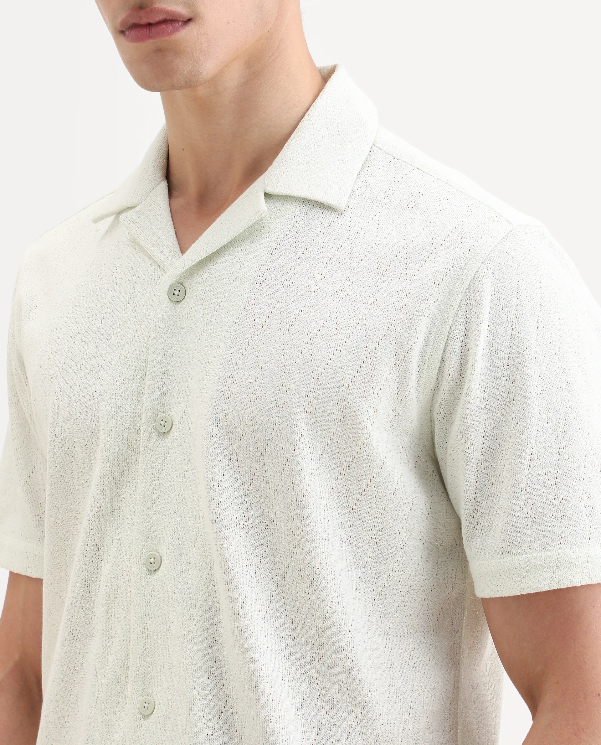 Rare Rabbit Men's Thea Flourscent Green Cotton Blend Fabric Half Sleeve Cuban Collar Relaxed Fit Jacquard Shirt - Image 3