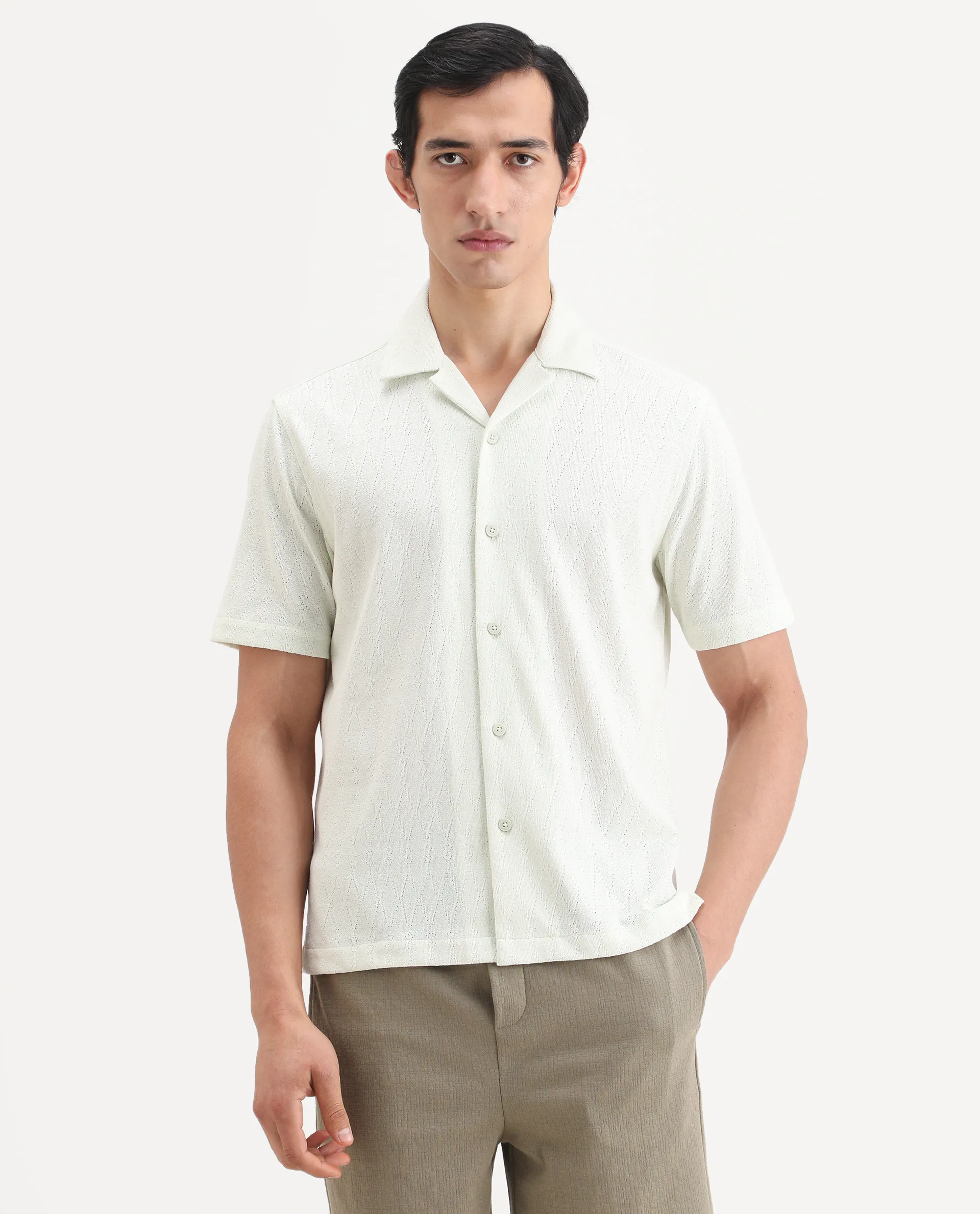 Rare Rabbit Men's Thea Flourscent Green Cotton Blend Fabric Half Sleeve Cuban Collar Relaxed Fit Jacquard Shirt - Image 4