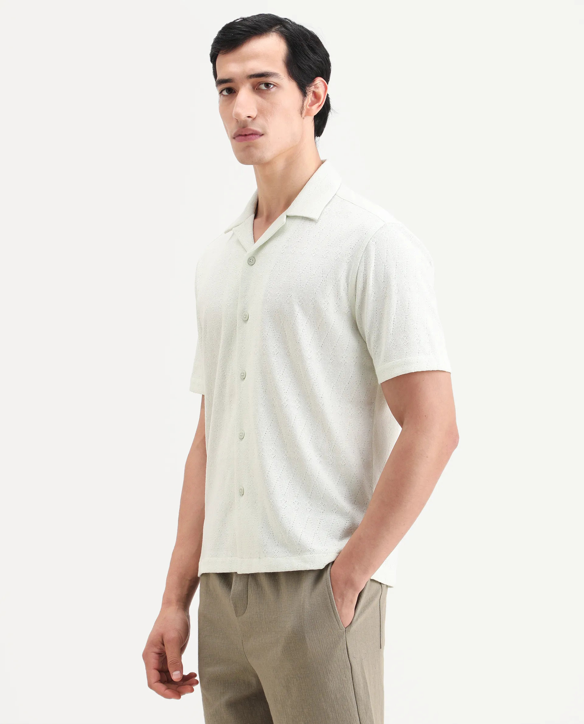 Rare Rabbit Men's Thea Flourscent Green Cotton Blend Fabric Half Sleeve Cuban Collar Relaxed Fit Jacquard Shirt - Image 5