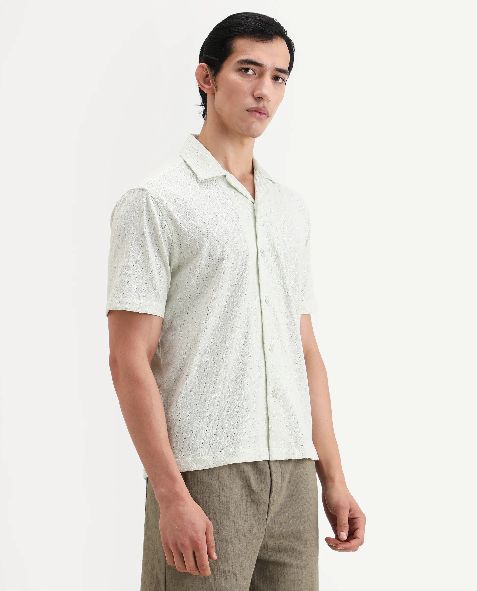 Rare Rabbit Men's Thea Flourscent Green Cotton Blend Fabric Half Sleeve Cuban Collar Relaxed Fit Jacquard Shirt - Image 6