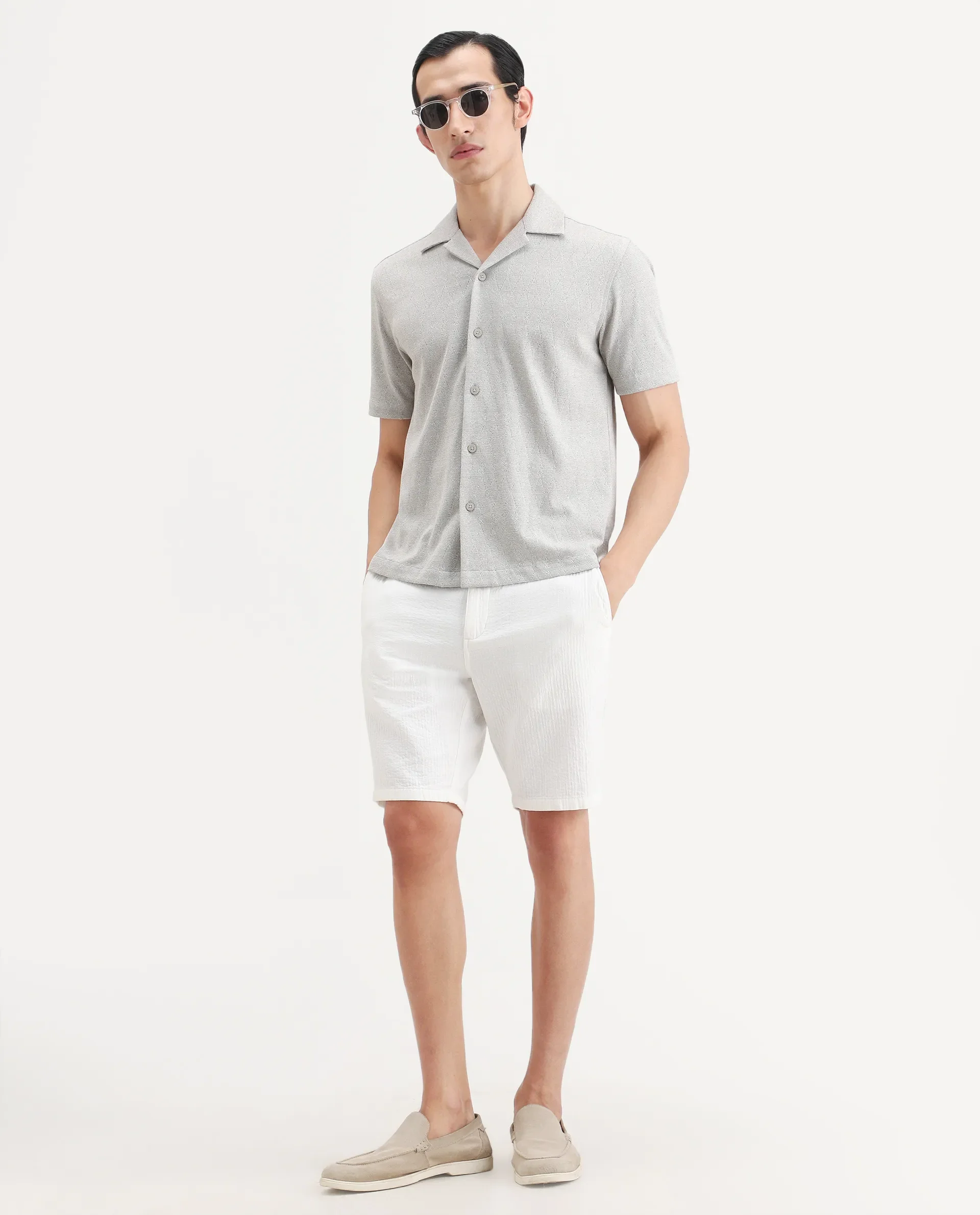 Rare Rabbit Men's Thea Light Grey Cotton Blend Fabric Half Sleeve Cuban Collar Relaxed Fit Jacquard Shirt - Image 2