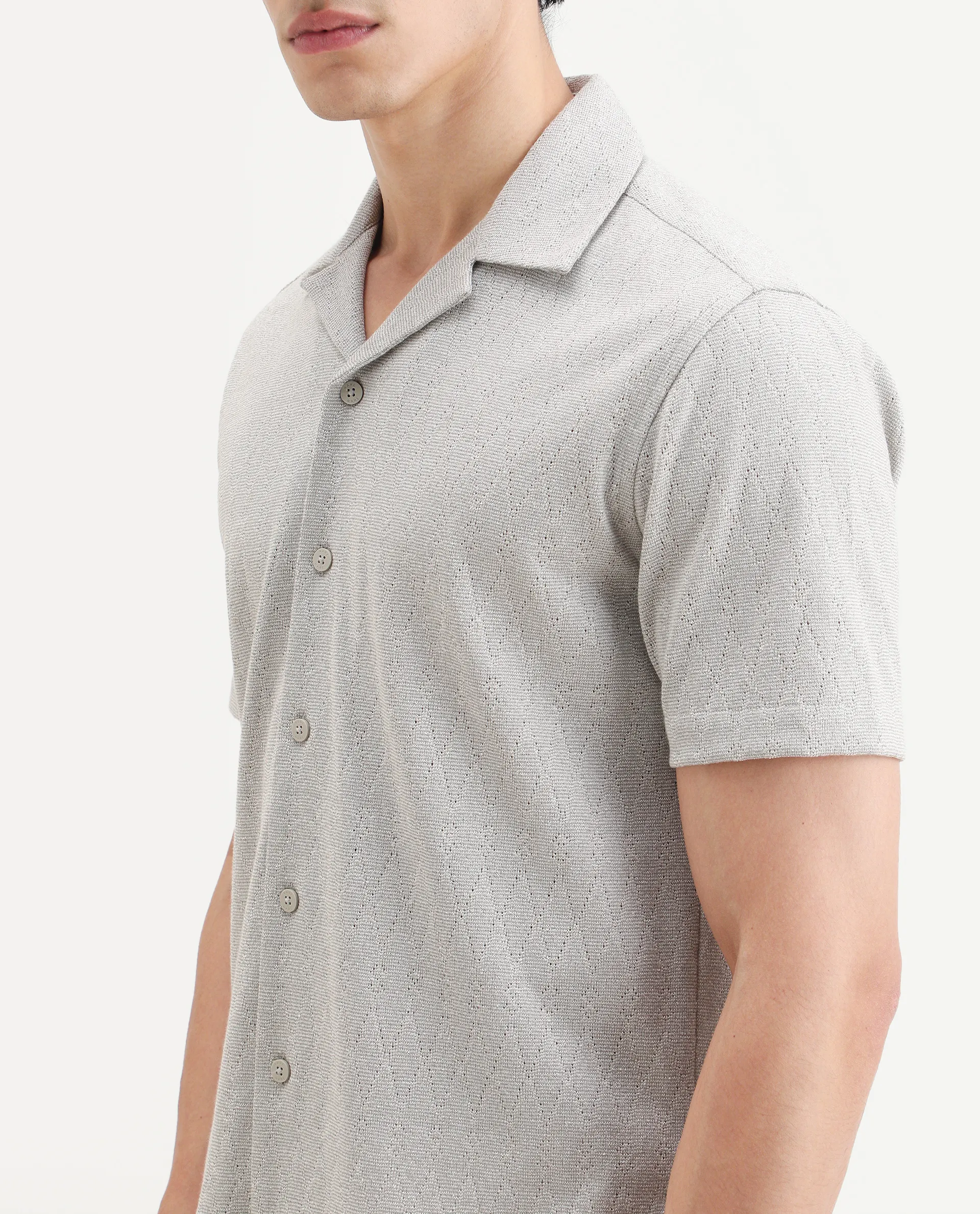 Rare Rabbit Men's Thea Light Grey Cotton Blend Fabric Half Sleeve Cuban Collar Relaxed Fit Jacquard Shirt - Image 3
