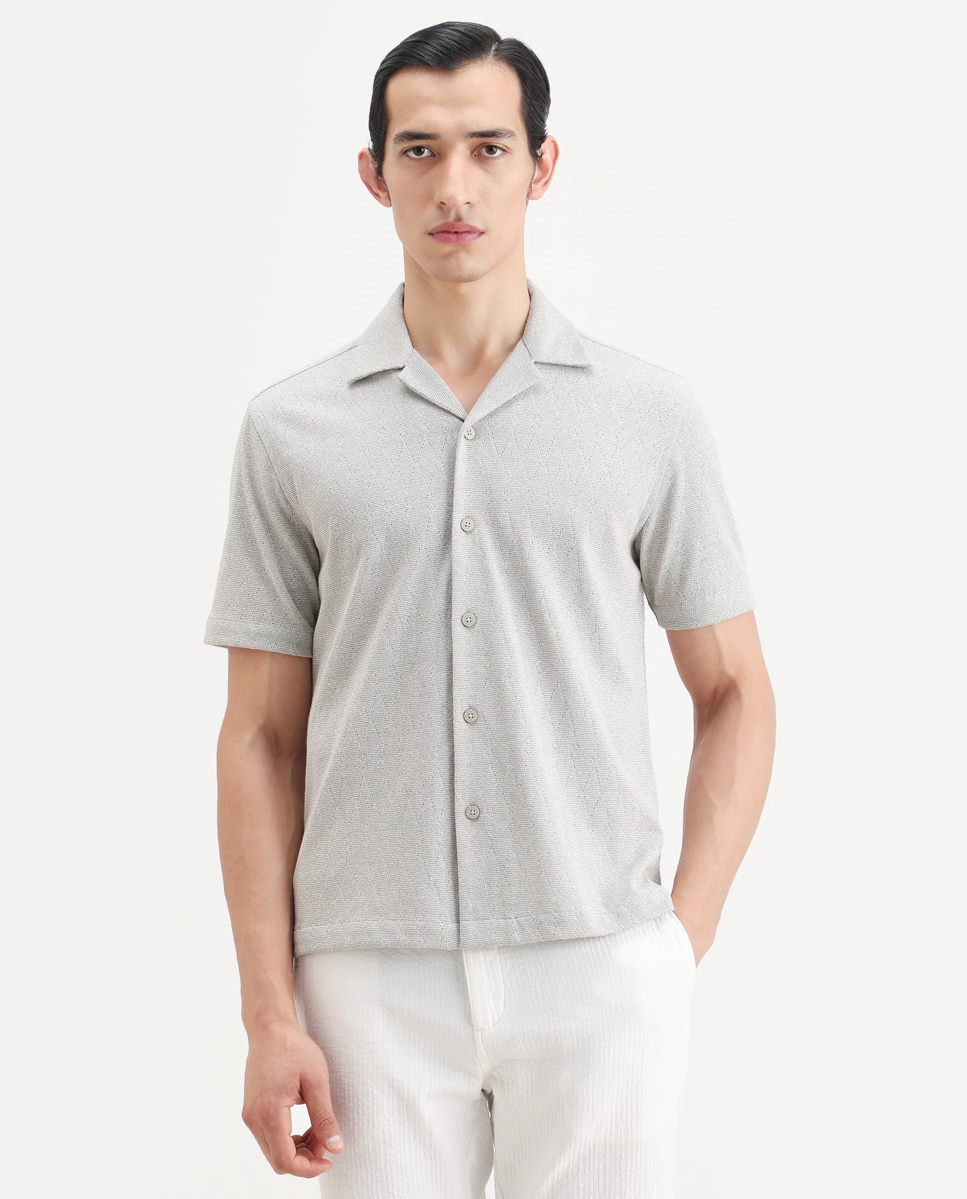 Rare Rabbit Men's Thea Light Grey Cotton Blend Fabric Half Sleeve Cuban Collar Relaxed Fit Jacquard Shirt - Image 4