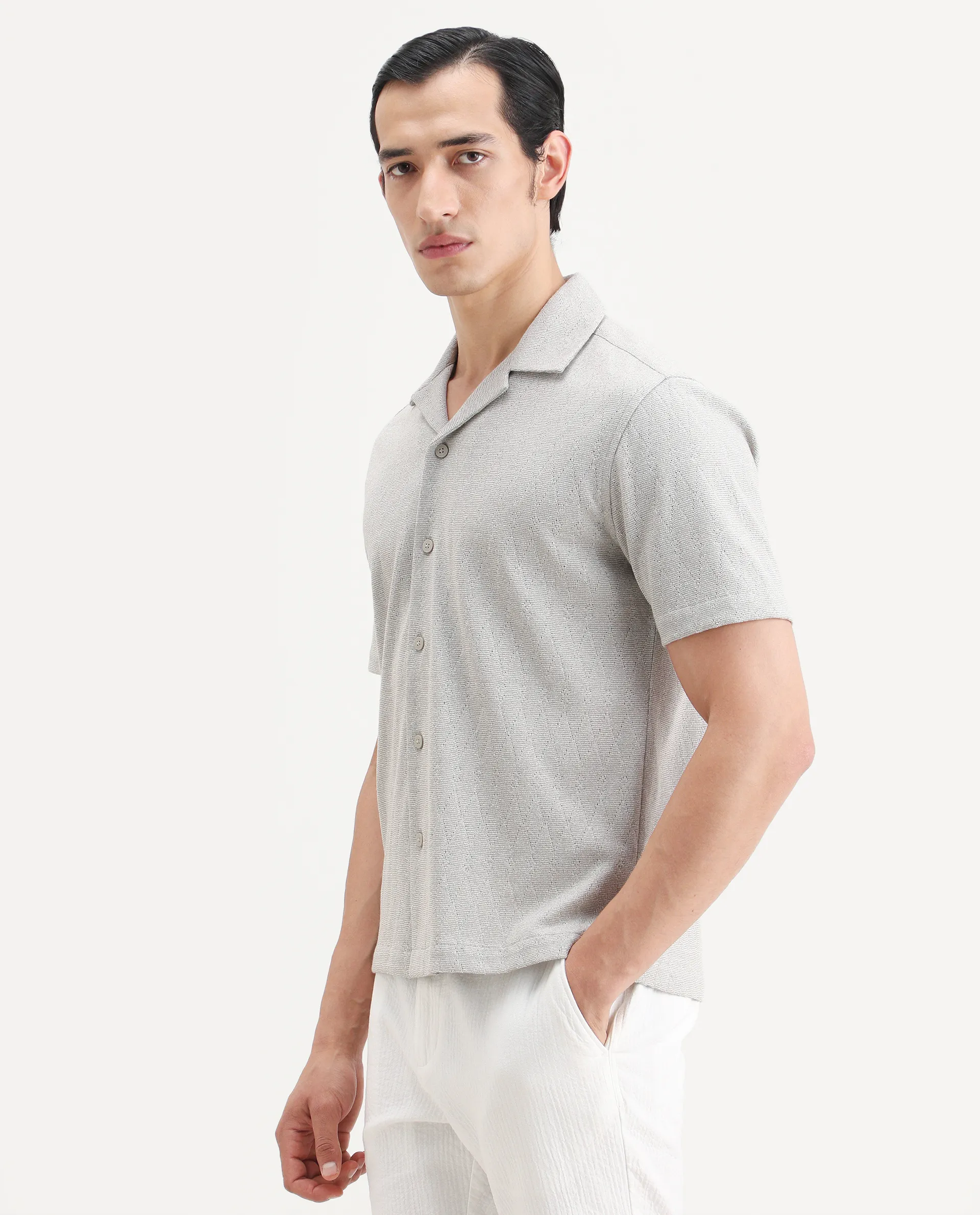 Rare Rabbit Men's Thea Light Grey Cotton Blend Fabric Half Sleeve Cuban Collar Relaxed Fit Jacquard Shirt - Image 5