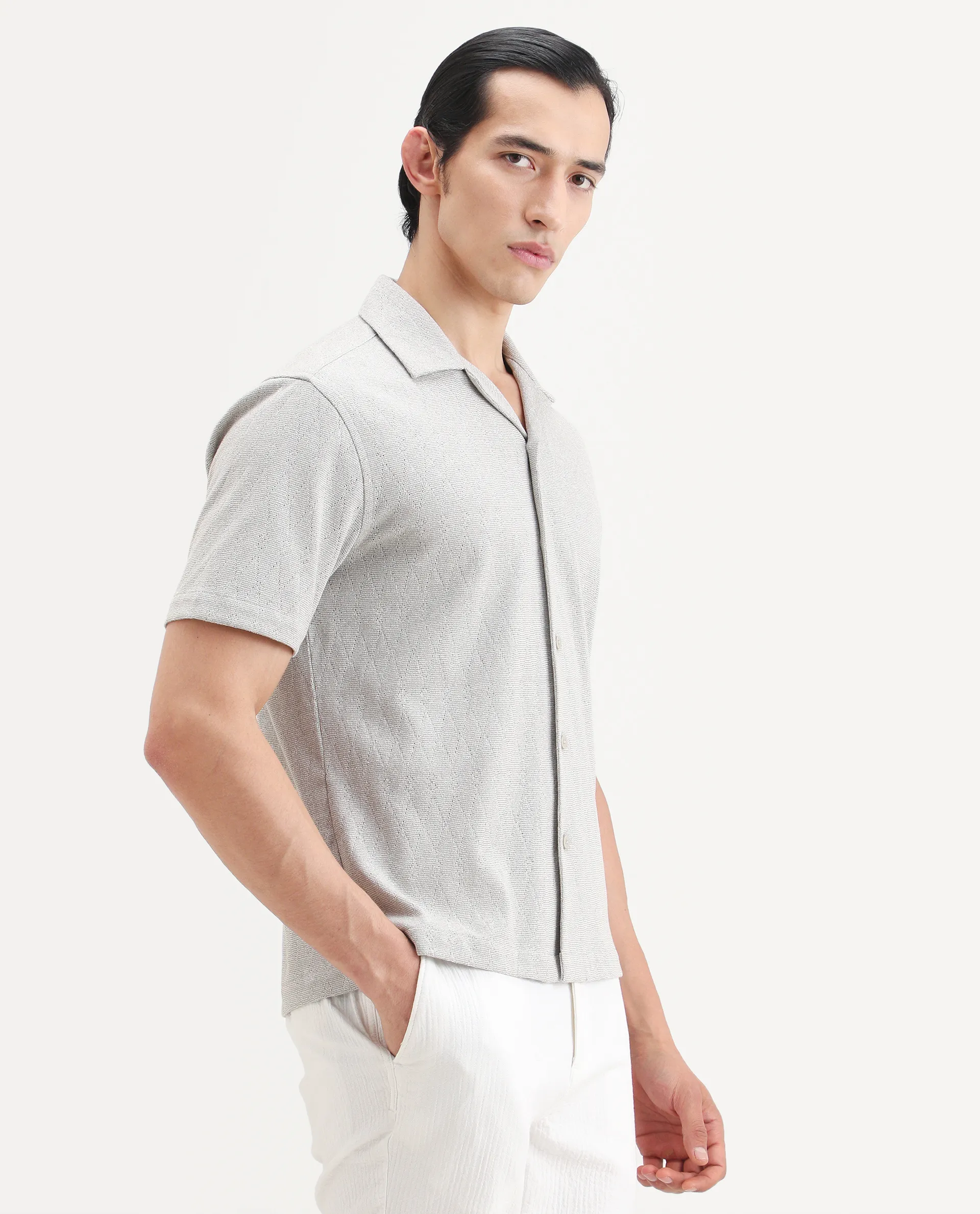 Rare Rabbit Men's Thea Light Grey Cotton Blend Fabric Half Sleeve Cuban Collar Relaxed Fit Jacquard Shirt - Image 6