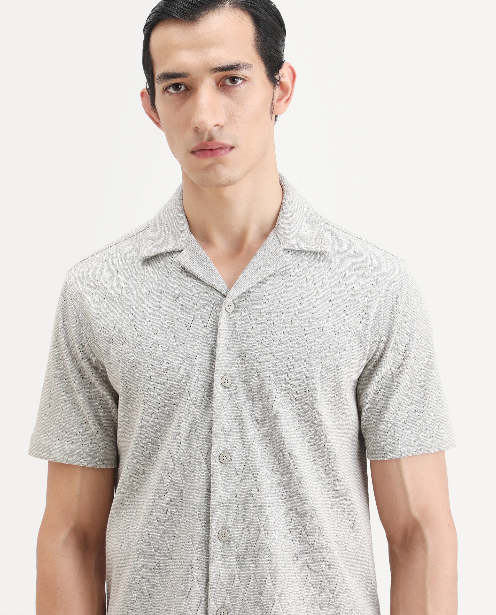 Rare Rabbit Men's Thea Light Grey Cotton Blend Fabric Half Sleeve Cuban Collar Relaxed Fit Jacquard Shirt - Image 7