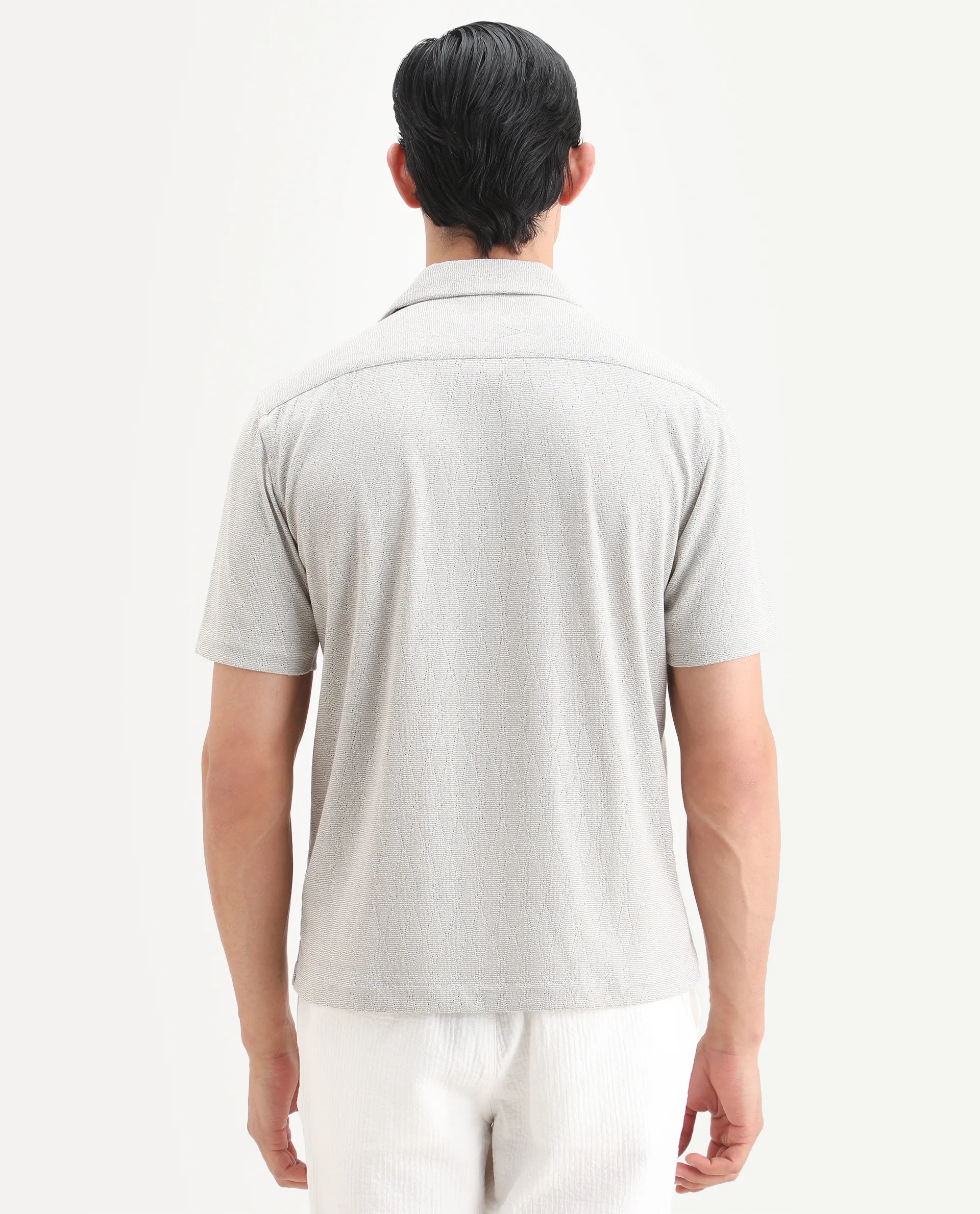 Rare Rabbit Men's Thea Light Grey Cotton Blend Fabric Half Sleeve Cuban Collar Relaxed Fit Jacquard Shirt - Image 8