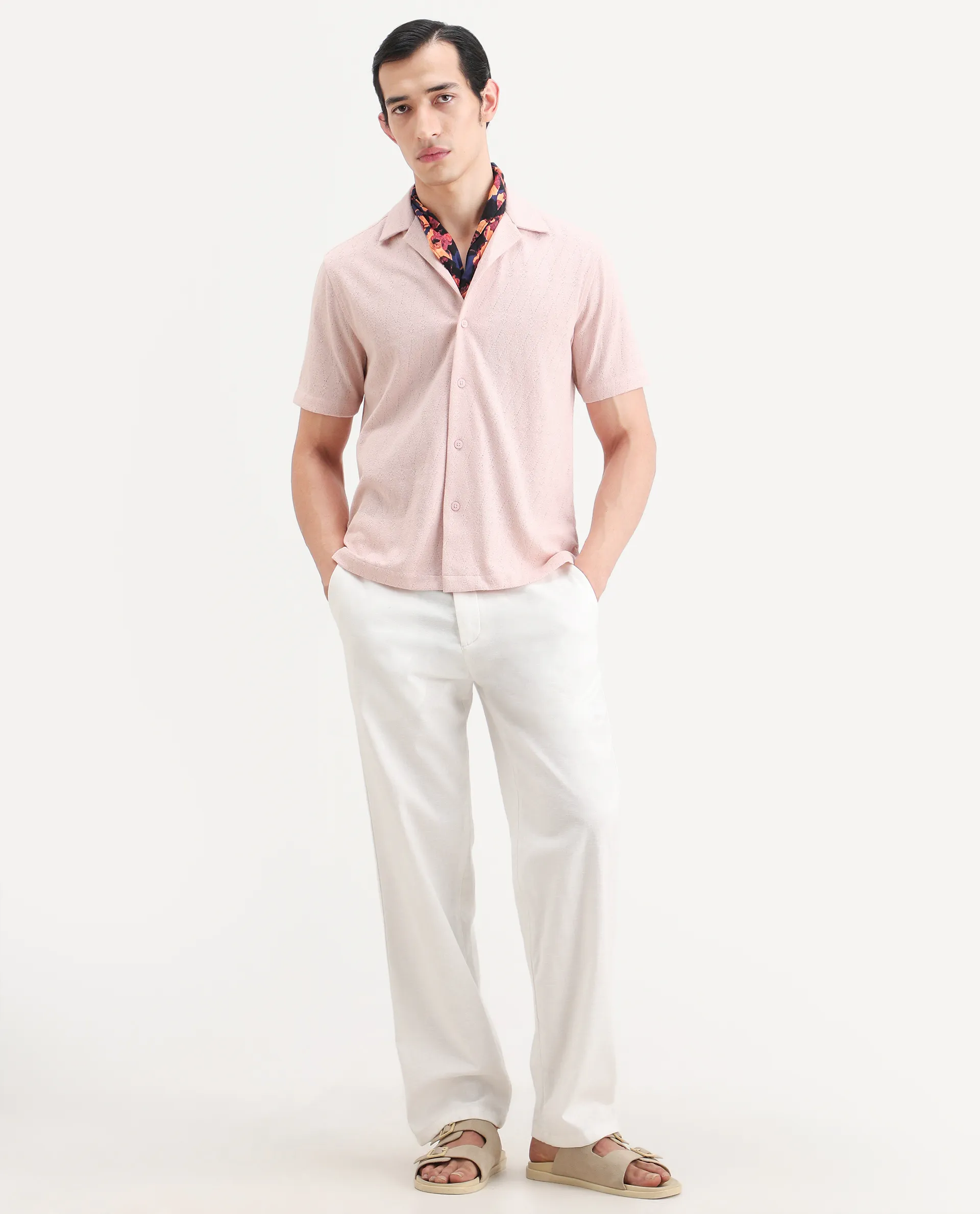 Rare Rabbit Men's Thea Light Pink Cotton Blend Fabric Half Sleeve Cuban Collar Relaxed Fit Jacquard Shirt - Image 2