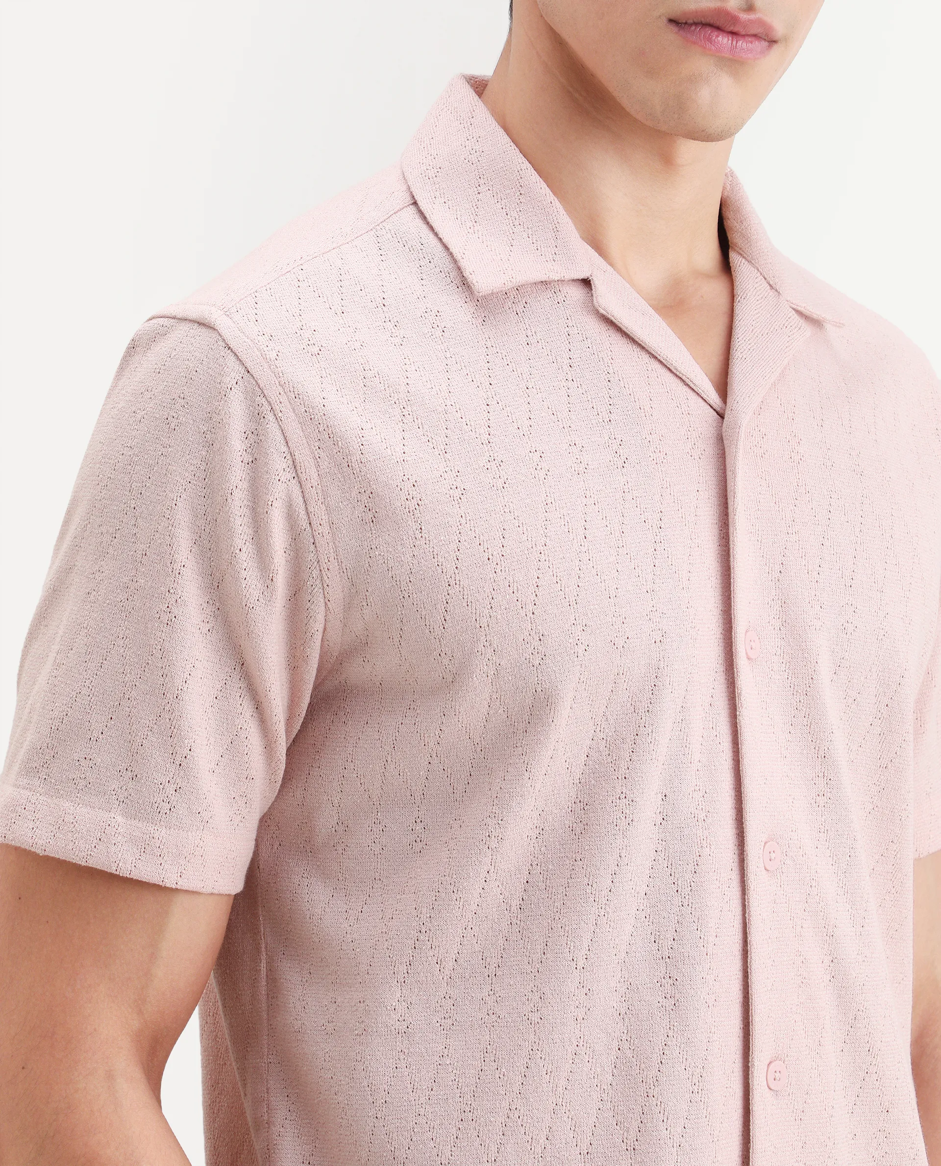 Rare Rabbit Men's Thea Light Pink Cotton Blend Fabric Half Sleeve Cuban Collar Relaxed Fit Jacquard Shirt - Image 3