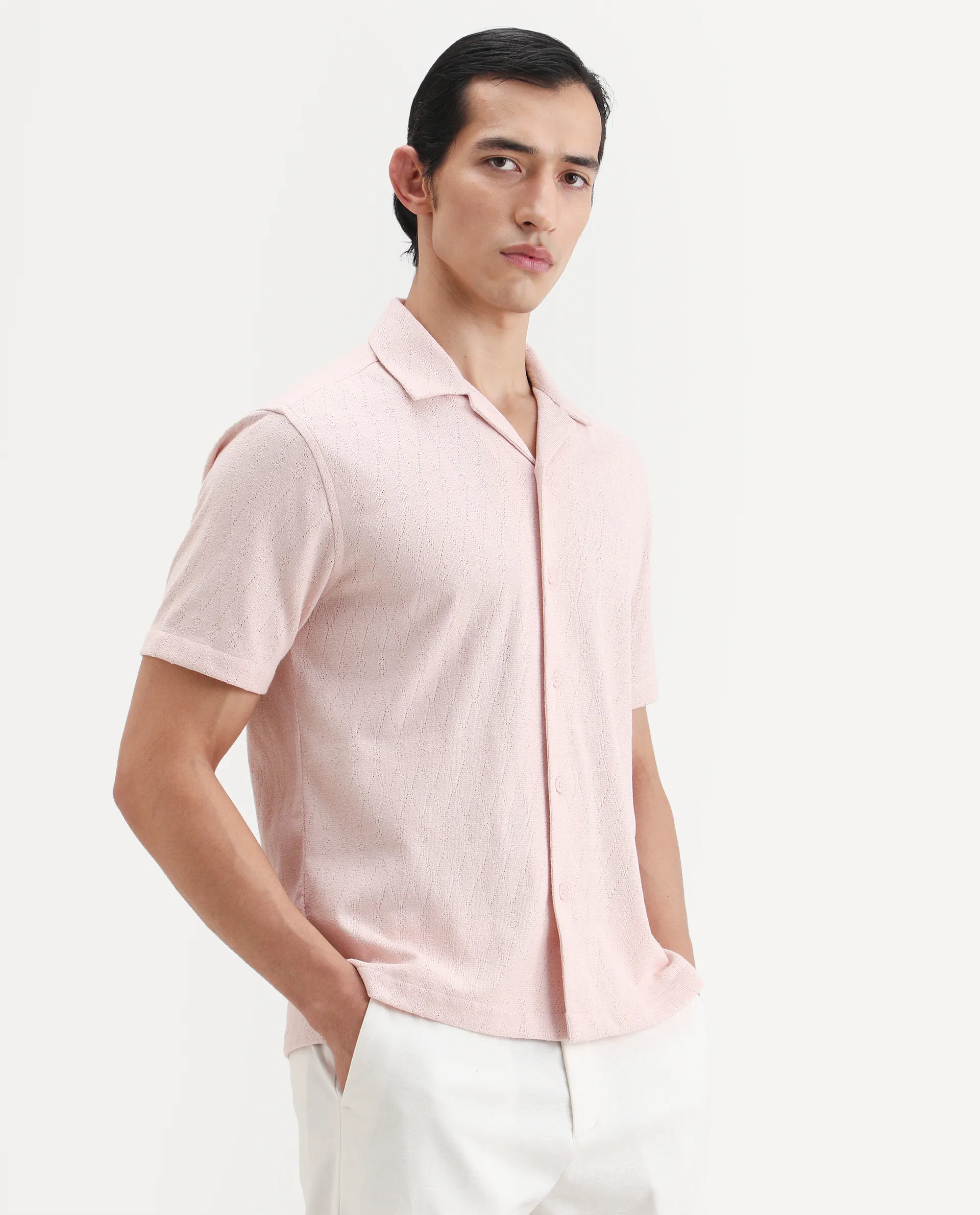 Rare Rabbit Men's Thea Light Pink Cotton Blend Fabric Half Sleeve Cuban Collar Relaxed Fit Jacquard Shirt - Image 4