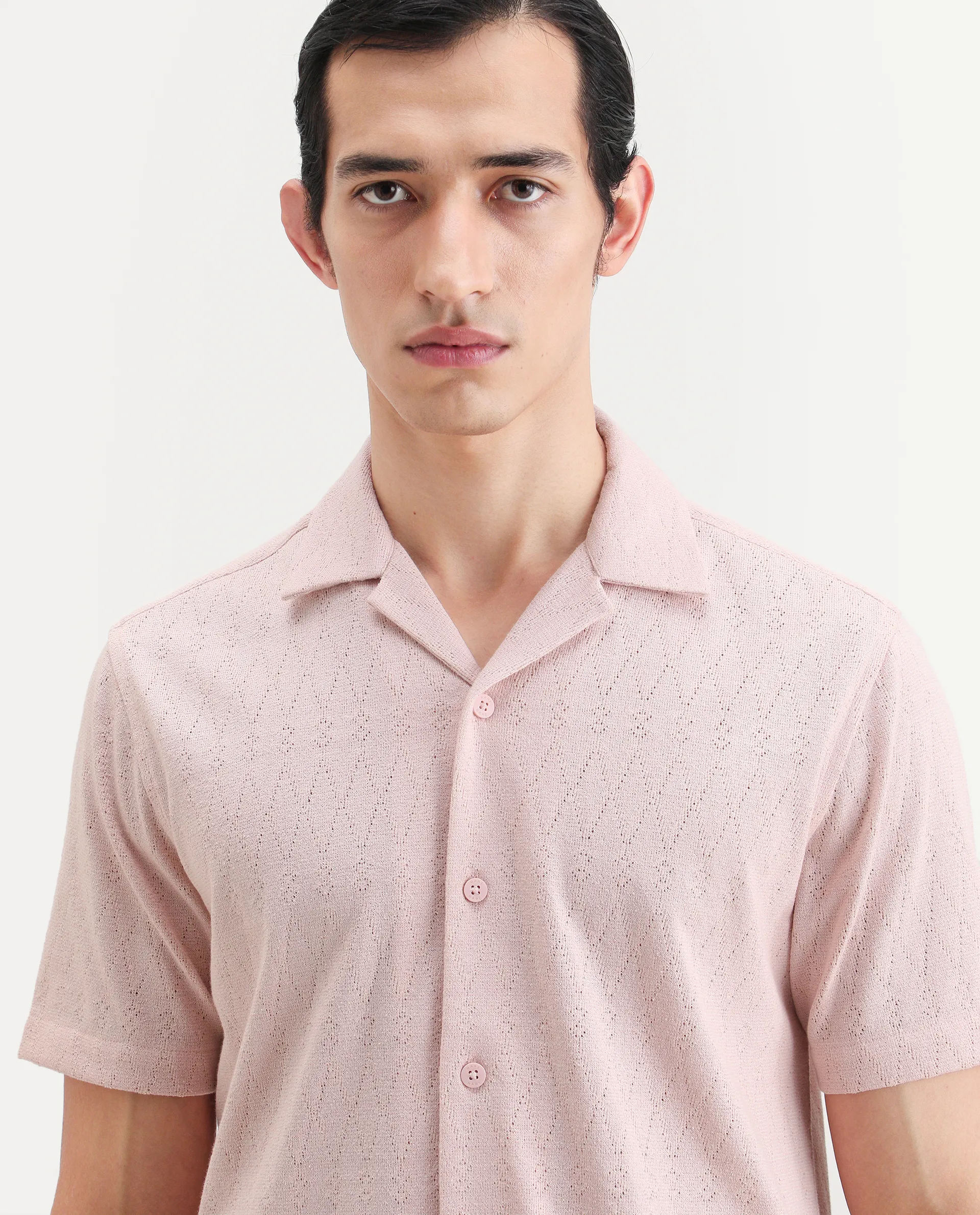 Rare Rabbit Men's Thea Light Pink Cotton Blend Fabric Half Sleeve Cuban Collar Relaxed Fit Jacquard Shirt - Image 5