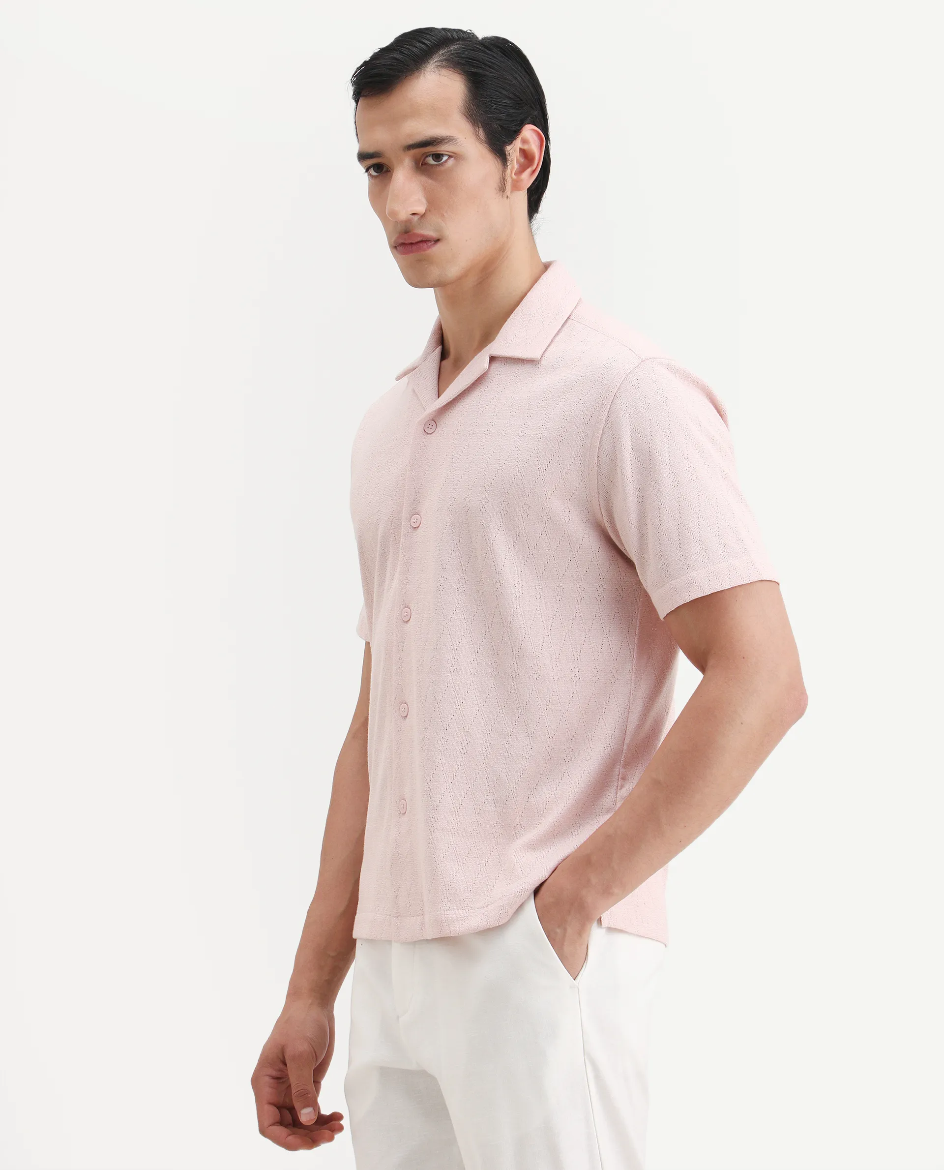 Rare Rabbit Men's Thea Light Pink Cotton Blend Fabric Half Sleeve Cuban Collar Relaxed Fit Jacquard Shirt - Image 6