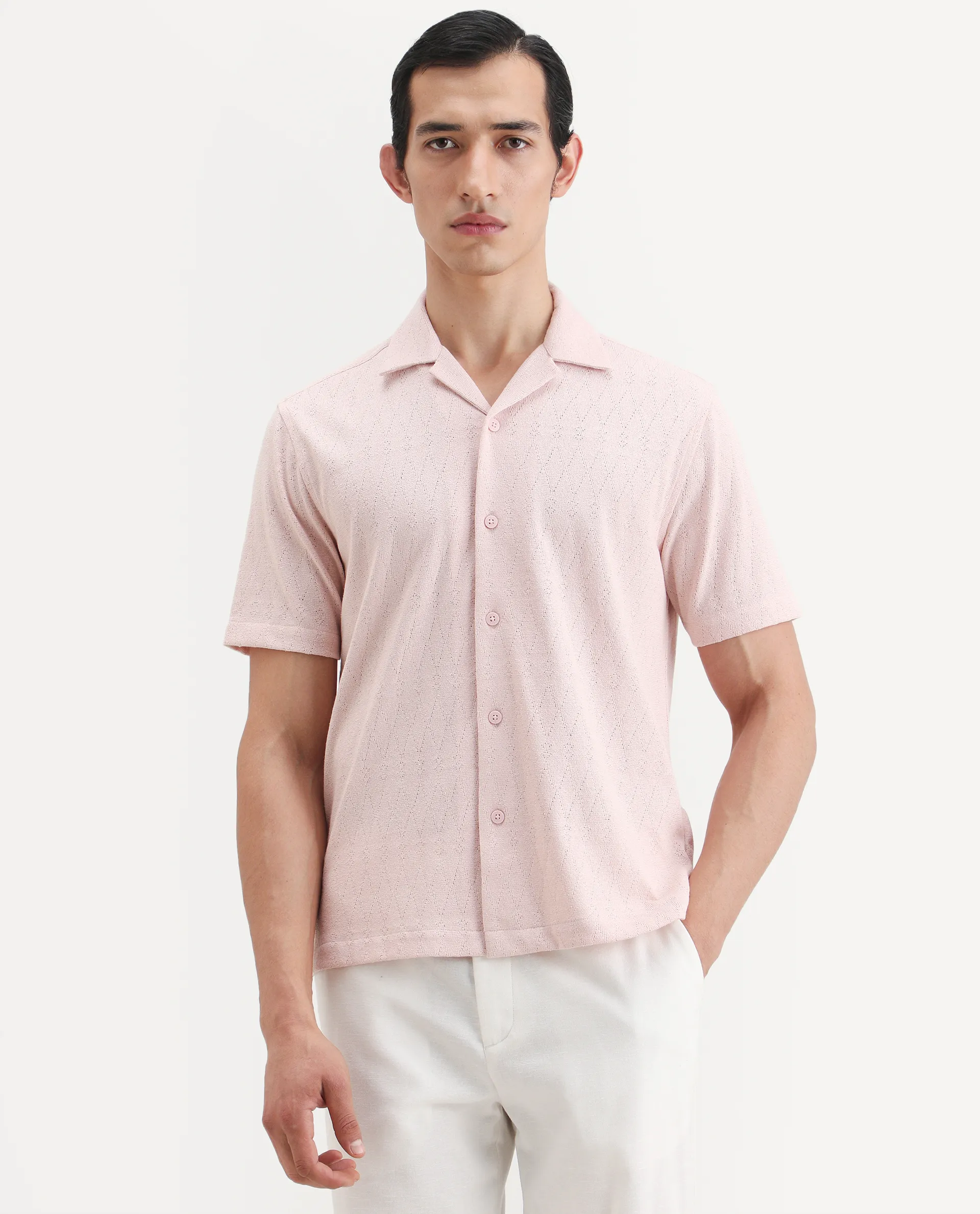 Rare Rabbit Men's Thea Light Pink Cotton Blend Fabric Half Sleeve Cuban Collar Relaxed Fit Jacquard Shirt - Image 7