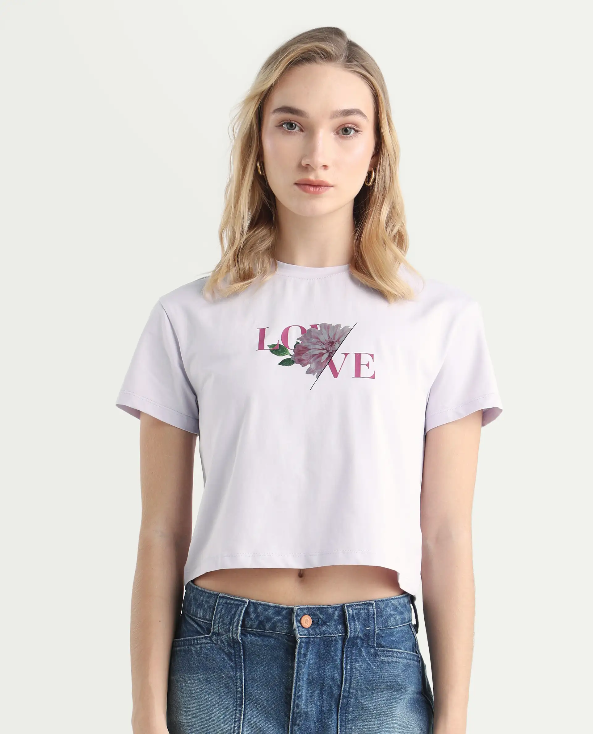 Rareism Women's Thea Pastel Purple Cotton Blend Crew Neck Graphic Print Crop Regular Fit T-Shirt - Image 3