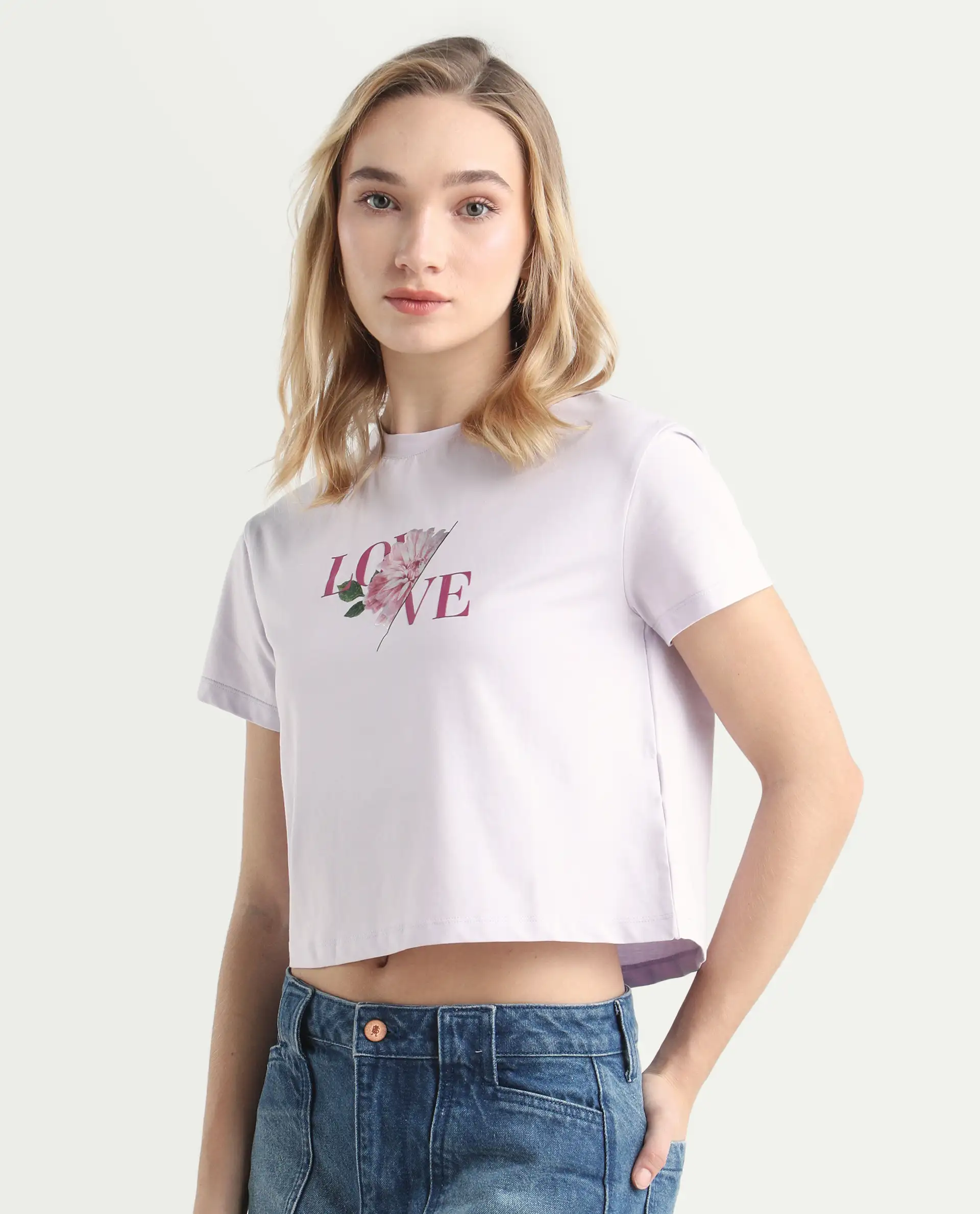 Rareism Women's Thea Pastel Purple Cotton Blend Crew Neck Graphic Print Crop Regular Fit T-Shirt - Image 5