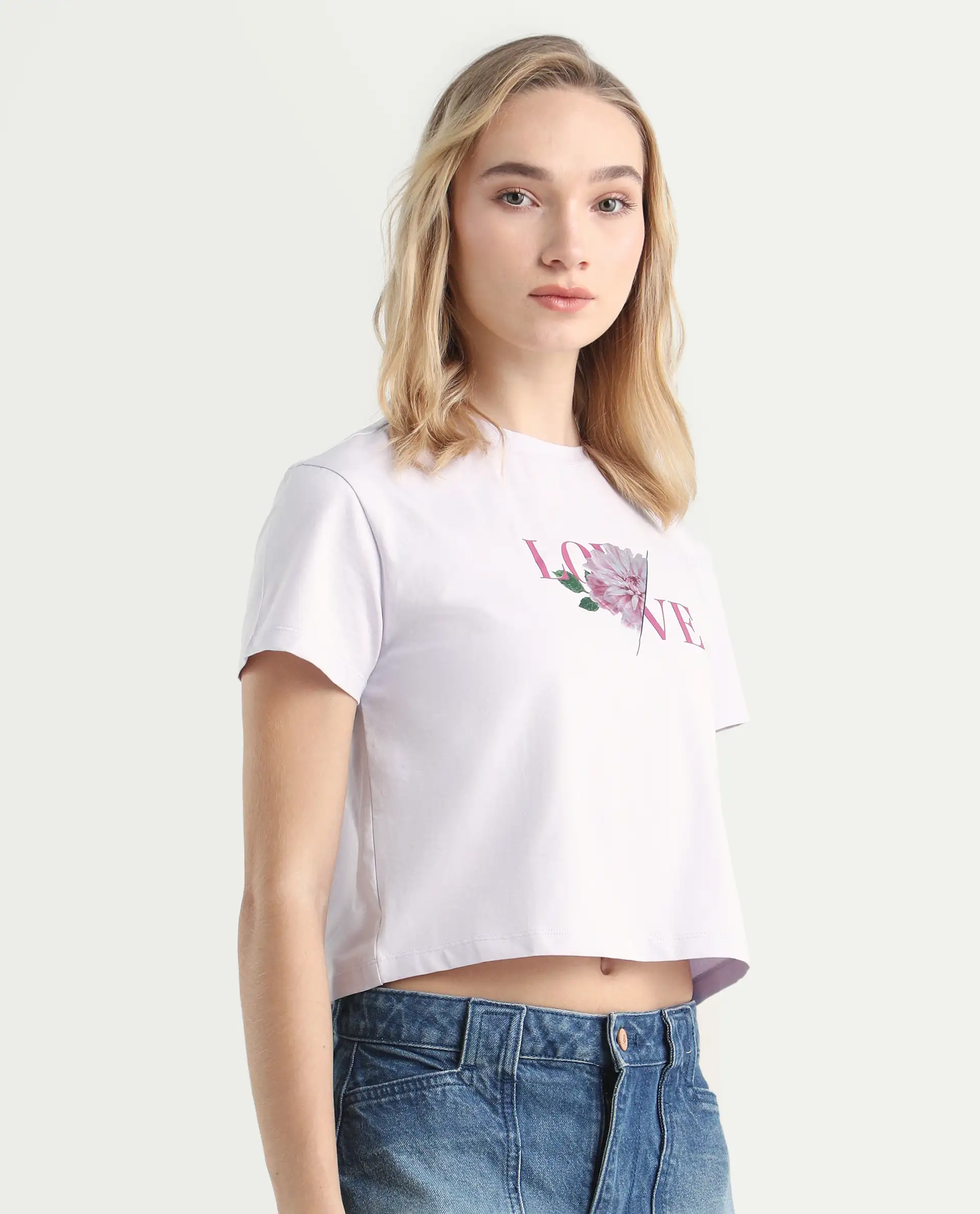 Rareism Women's Thea Pastel Purple Cotton Blend Crew Neck Graphic Print Crop Regular Fit T-Shirt - Image 6