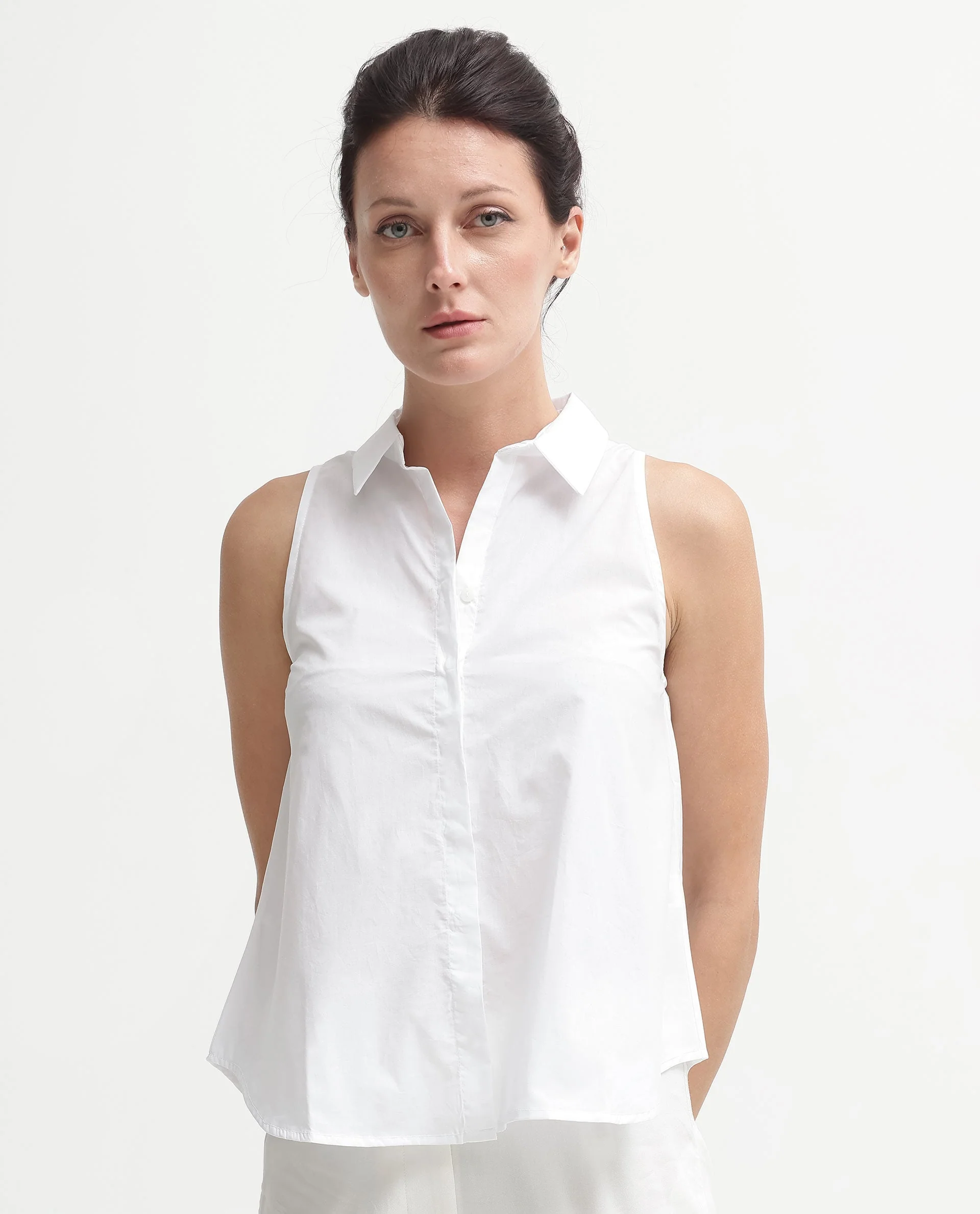 Rareism Women's Thebe White Cotton Drop Collar Plain Sleeveless Relaxed Fit Top