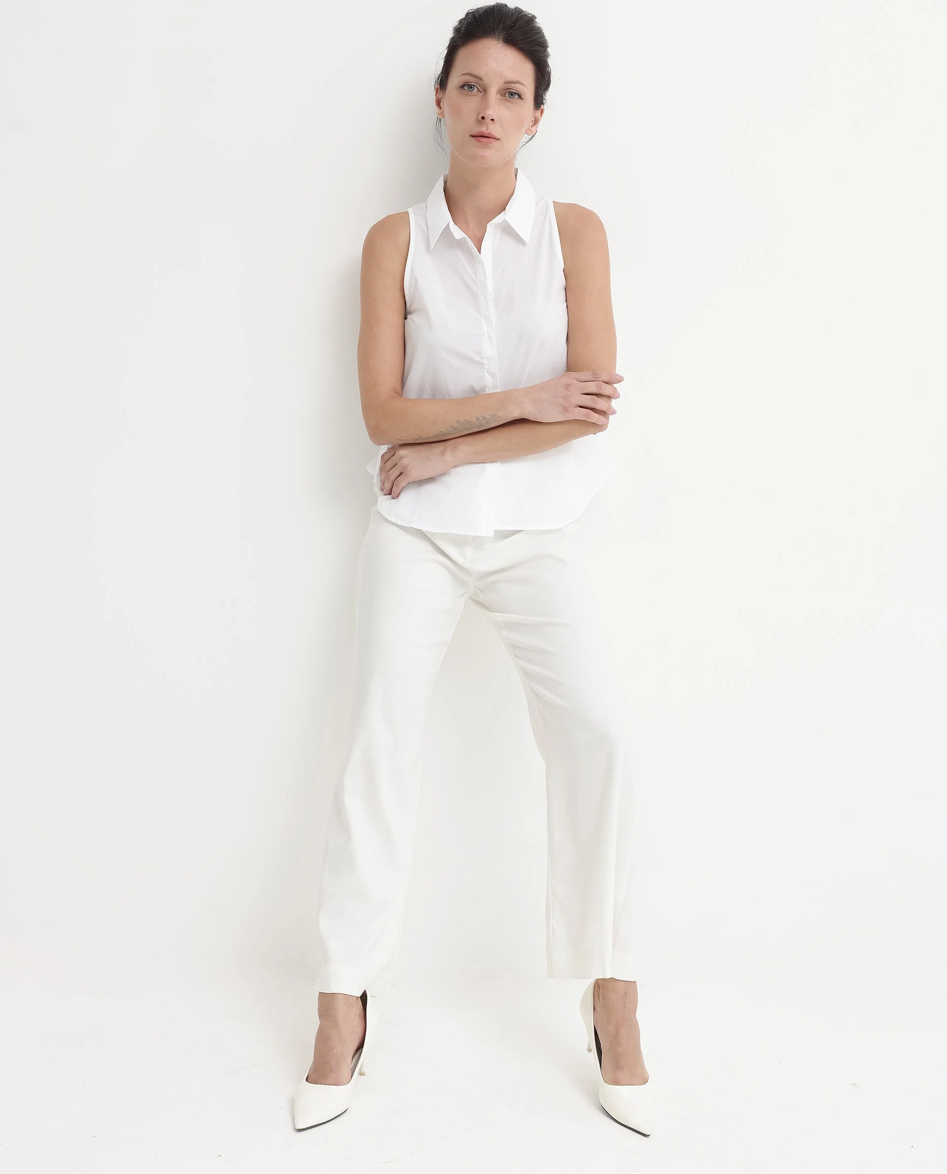 Rareism Women's Thebe White Cotton Drop Collar Plain Sleeveless Relaxed Fit Top - Image 12