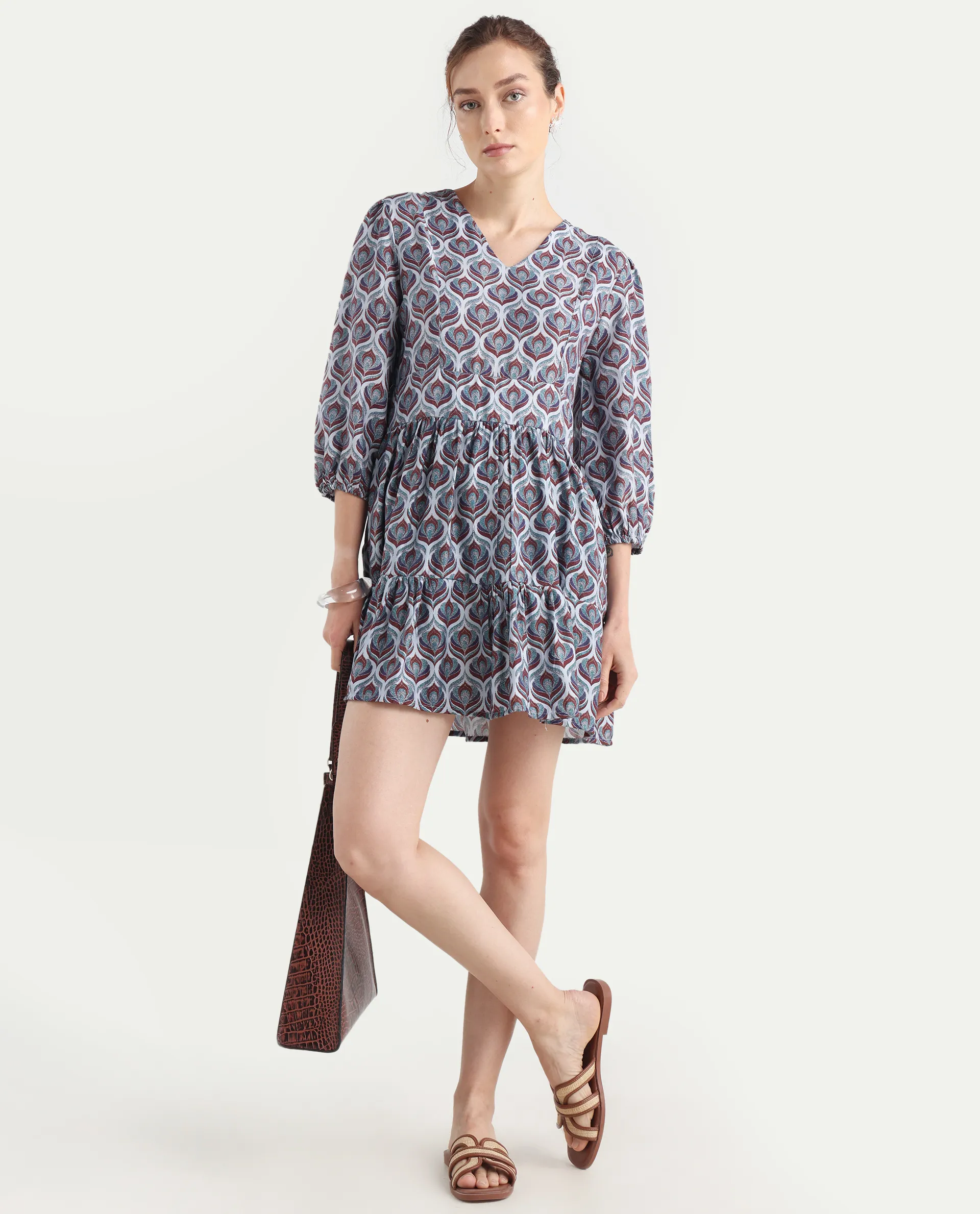 Rareism Women's Thecon Blue Polyester V-Neck Abstract Print Bishop Sleeve Mini Fit And Flare Dress - Image 2