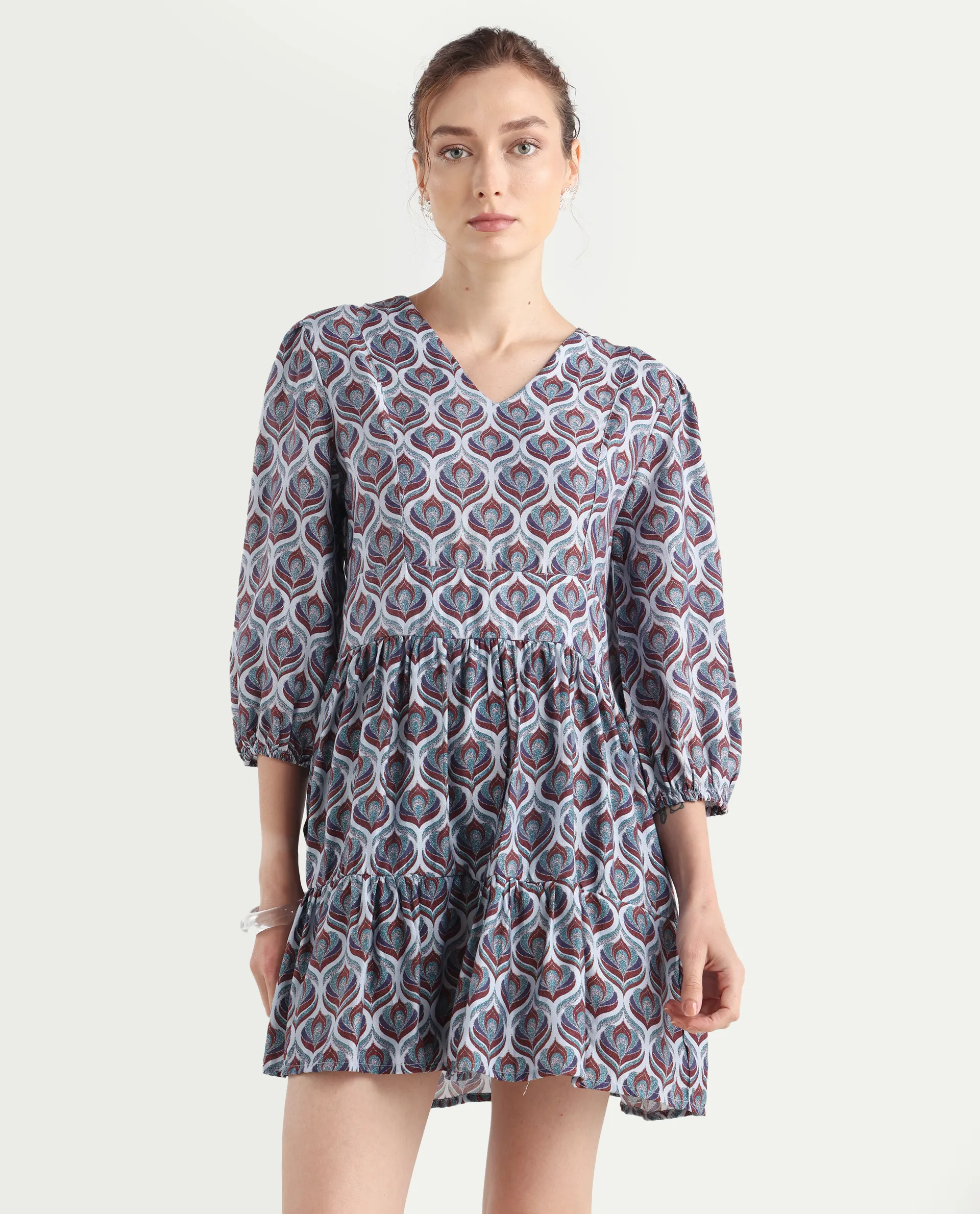 Rareism Women's Thecon Blue Polyester V-Neck Abstract Print Bishop Sleeve Mini Fit And Flare Dress - Image 3