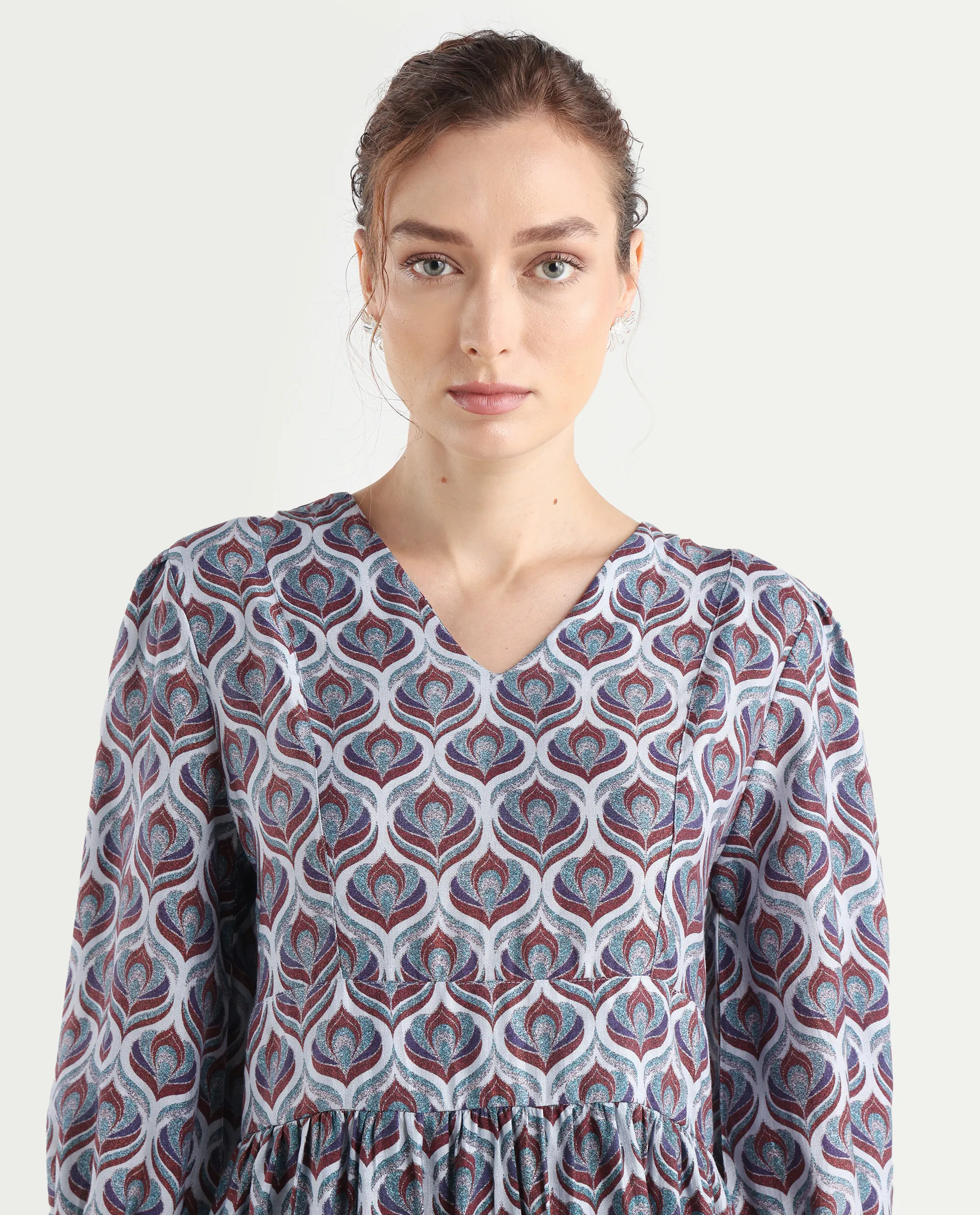Rareism Women's Thecon Blue Polyester V-Neck Abstract Print Bishop Sleeve Mini Fit And Flare Dress - Image 4
