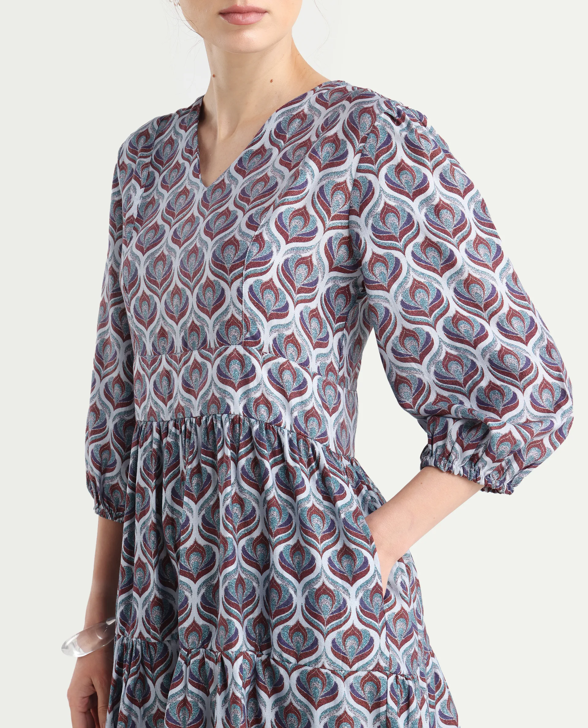 Rareism Women's Thecon Blue Polyester V-Neck Abstract Print Bishop Sleeve Mini Fit And Flare Dress - Image 5