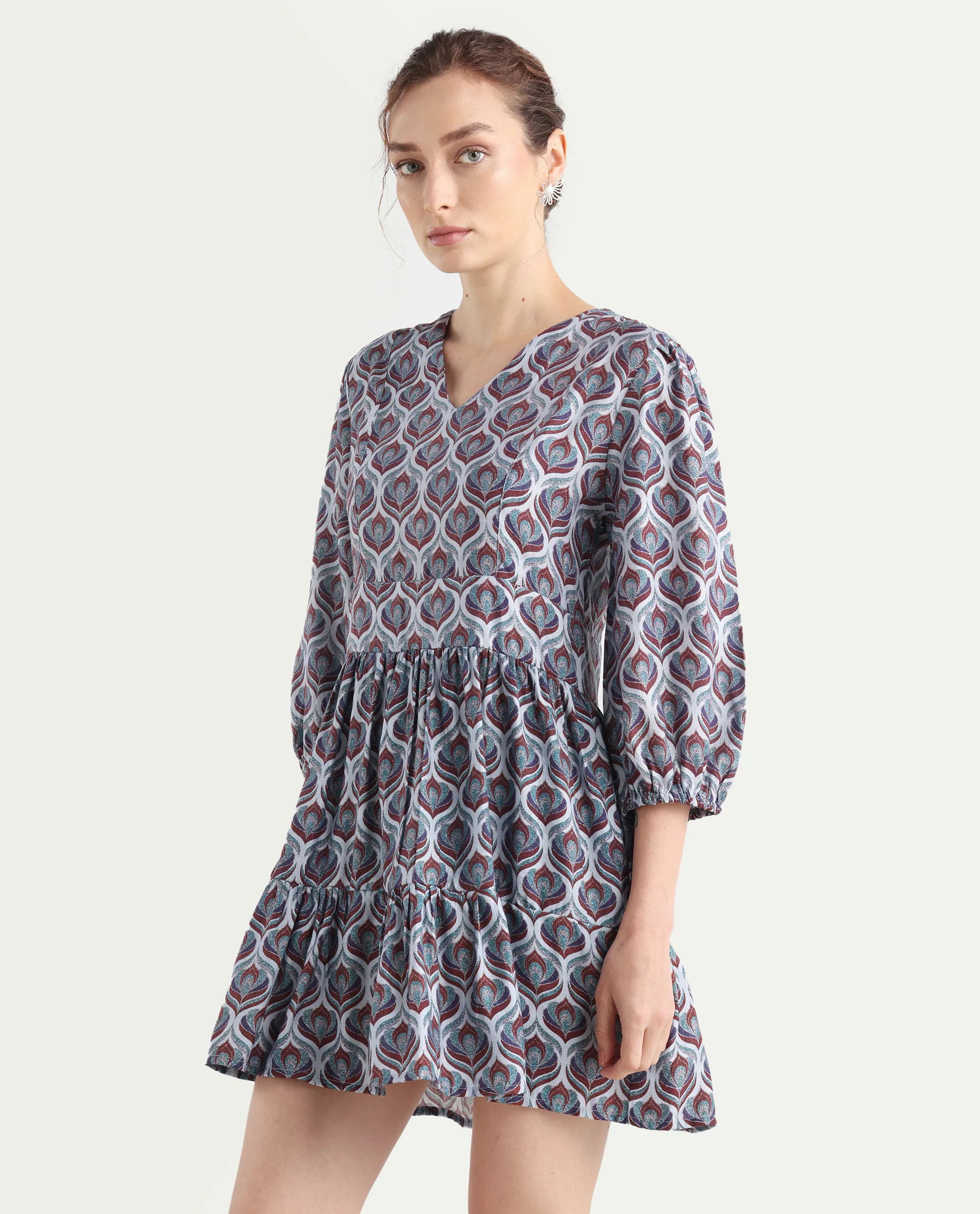 Rareism Women's Thecon Blue Polyester V-Neck Abstract Print Bishop Sleeve Mini Fit And Flare Dress - Image 6