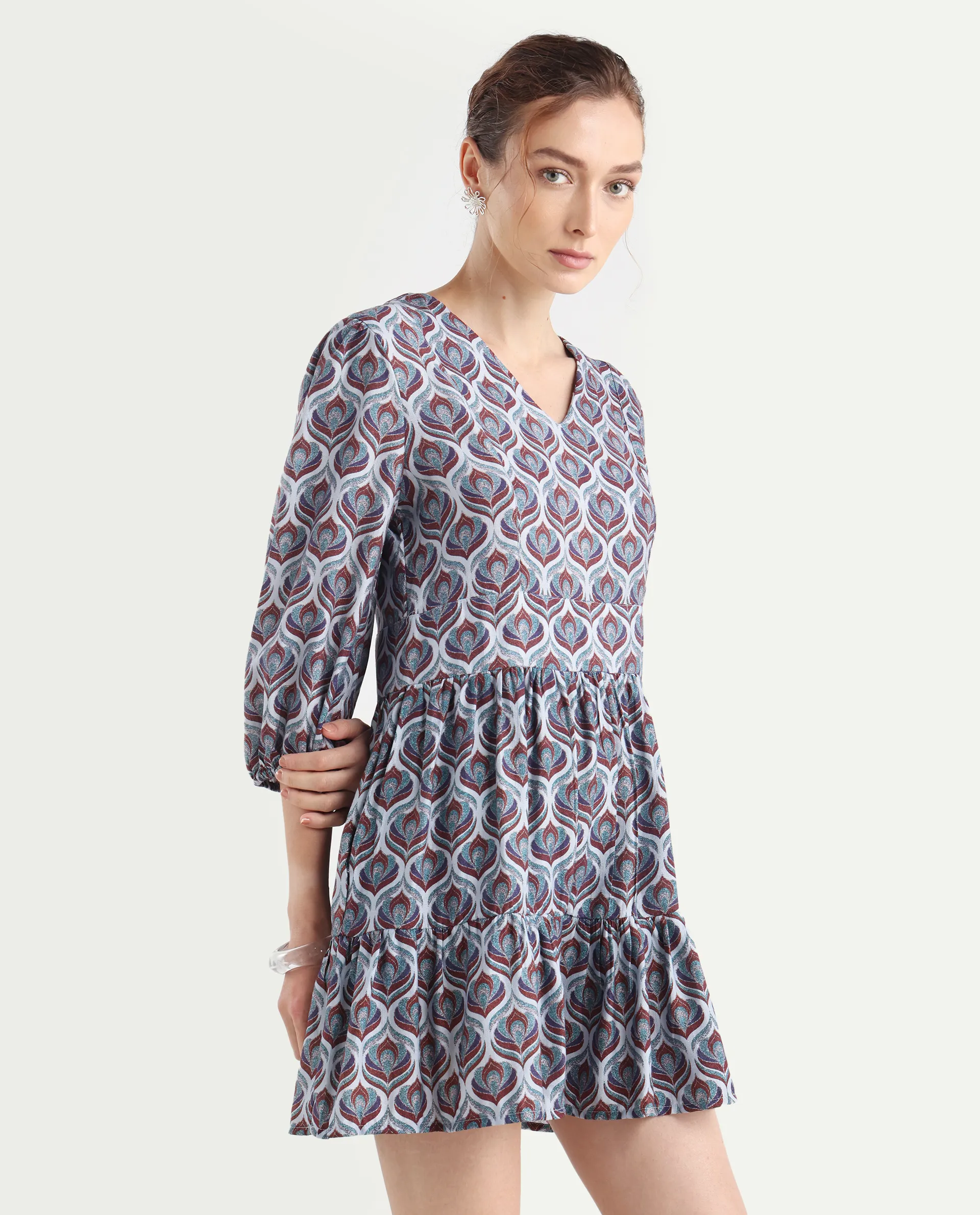 Rareism Women's Thecon Blue Polyester V-Neck Abstract Print Bishop Sleeve Mini Fit And Flare Dress - Image 7