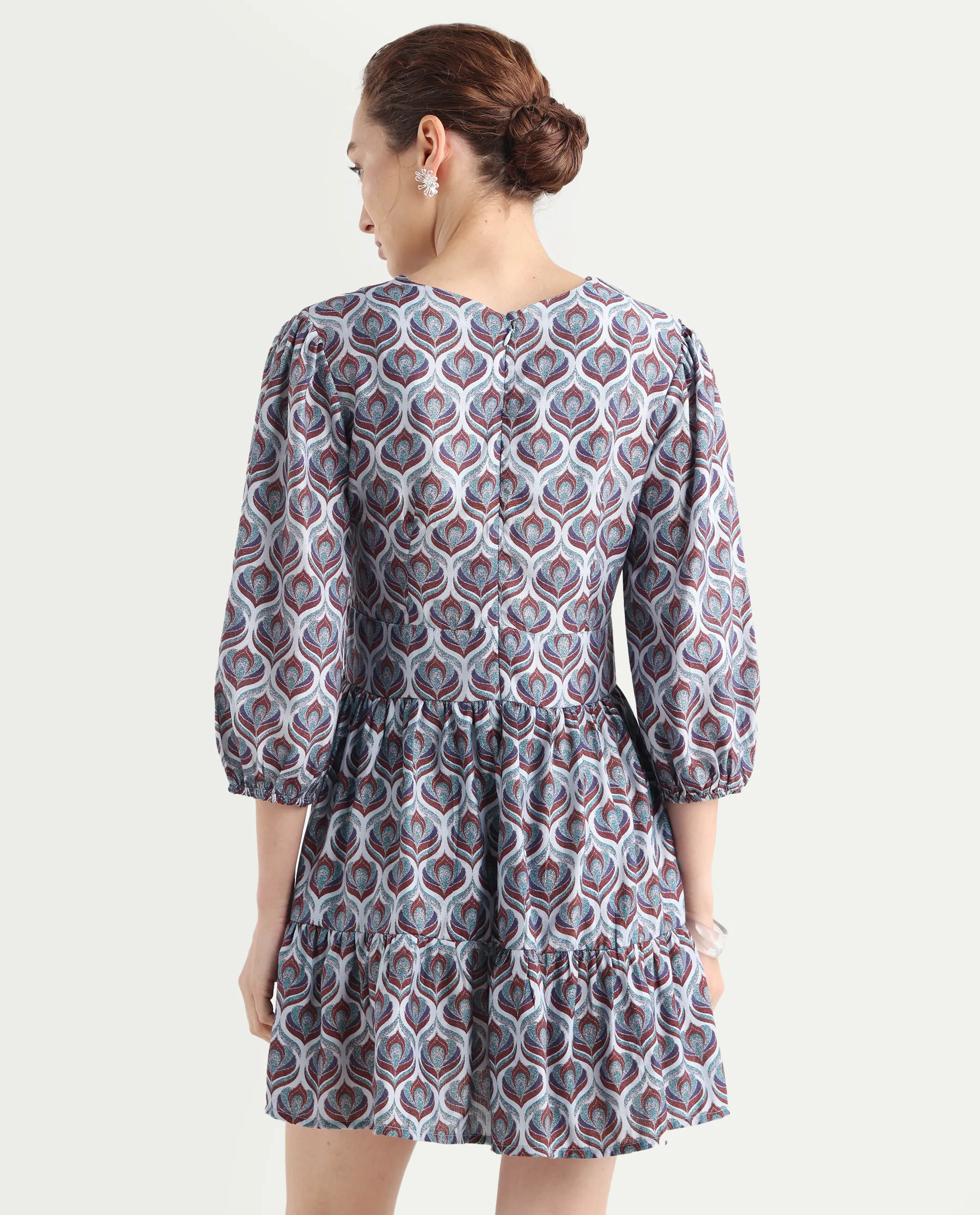 Rareism Women's Thecon Blue Polyester V-Neck Abstract Print Bishop Sleeve Mini Fit And Flare Dress - Image 8