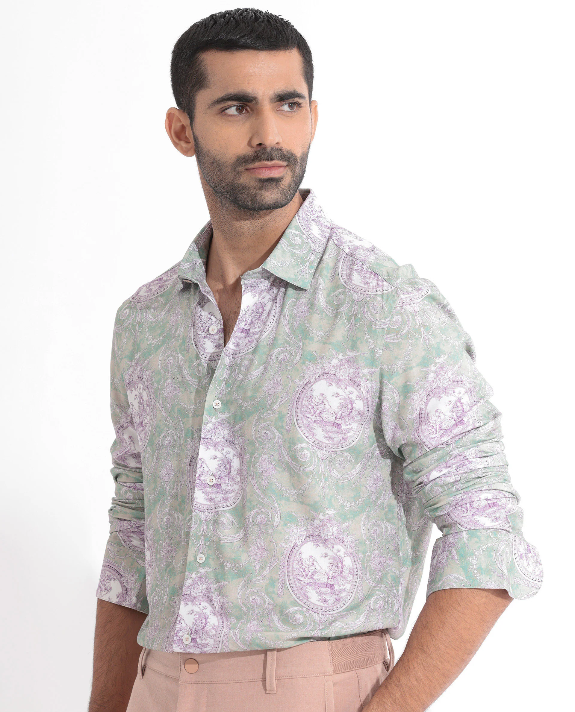 Rare Rabbit Men's Theon Dusky Green Cotton Floral Print Regular Fit Full Sleeve Collared Shirt - Image 3