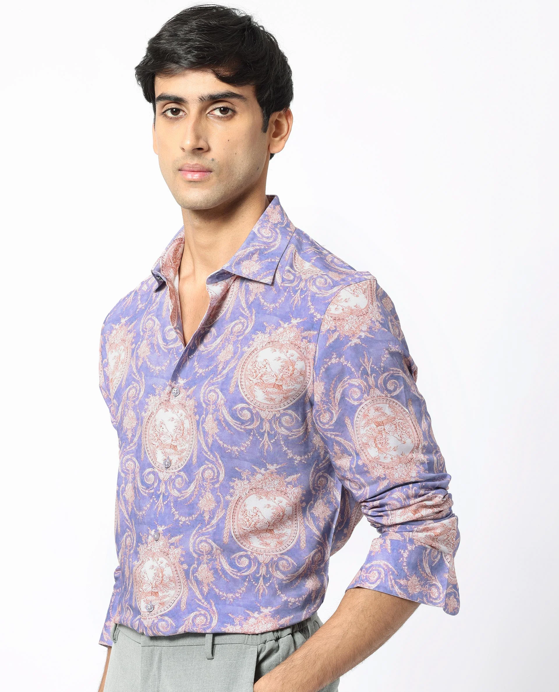 Rare Rabbit Men's Theon Dusky Purple Viscose Floral Print Regular Fit Full Sleeve Collared Shirt - Image 3