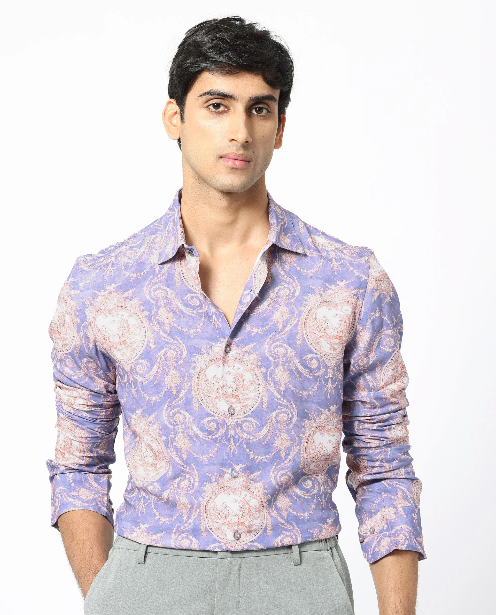 Rare Rabbit Men's Theon Dusky Purple Viscose Floral Print Regular Fit Full Sleeve Collared Shirt - Image 5