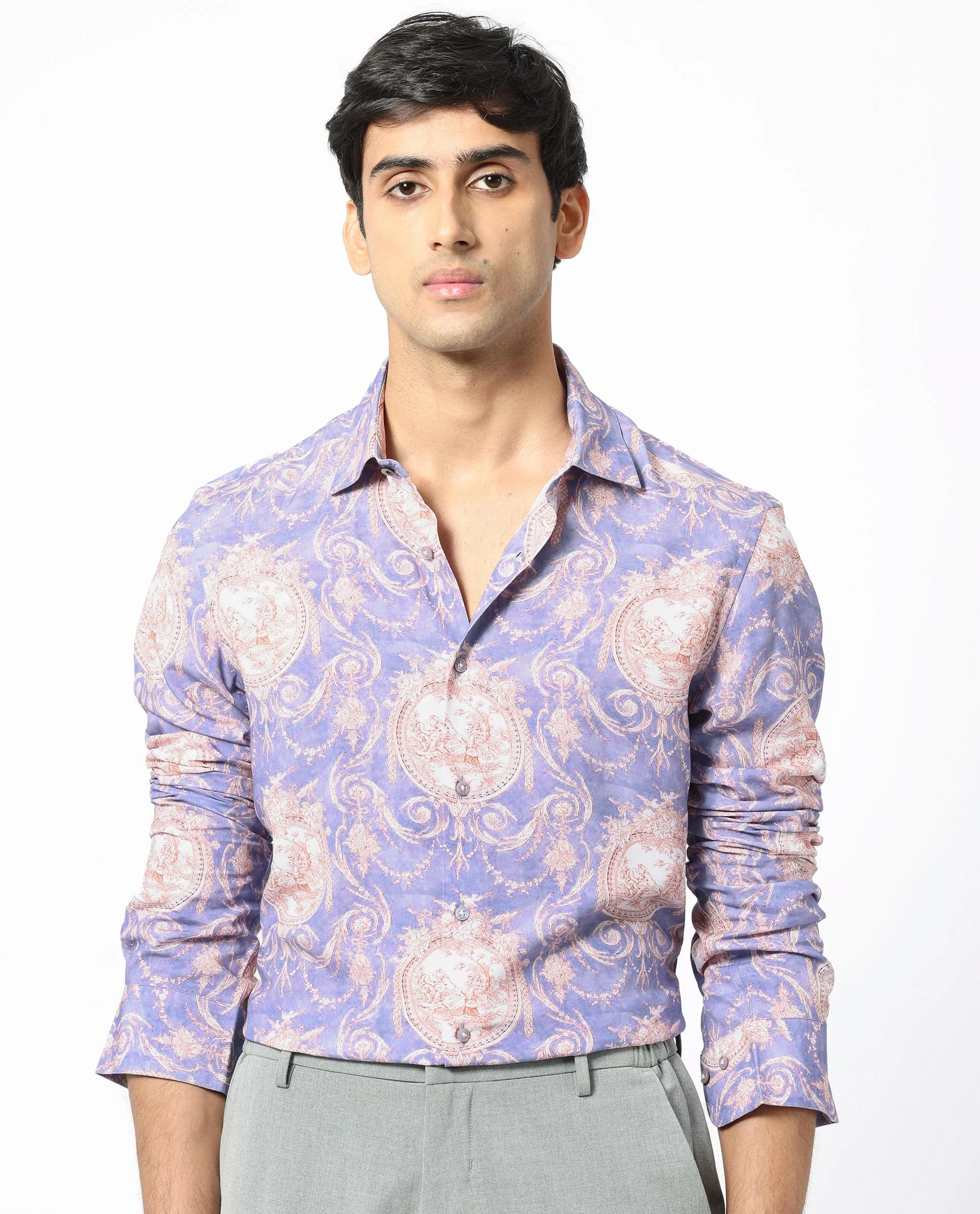 Rare Rabbit Men's Theon Dusky Purple Viscose Floral Print Regular Fit Full Sleeve Collared Shirt - Image 6