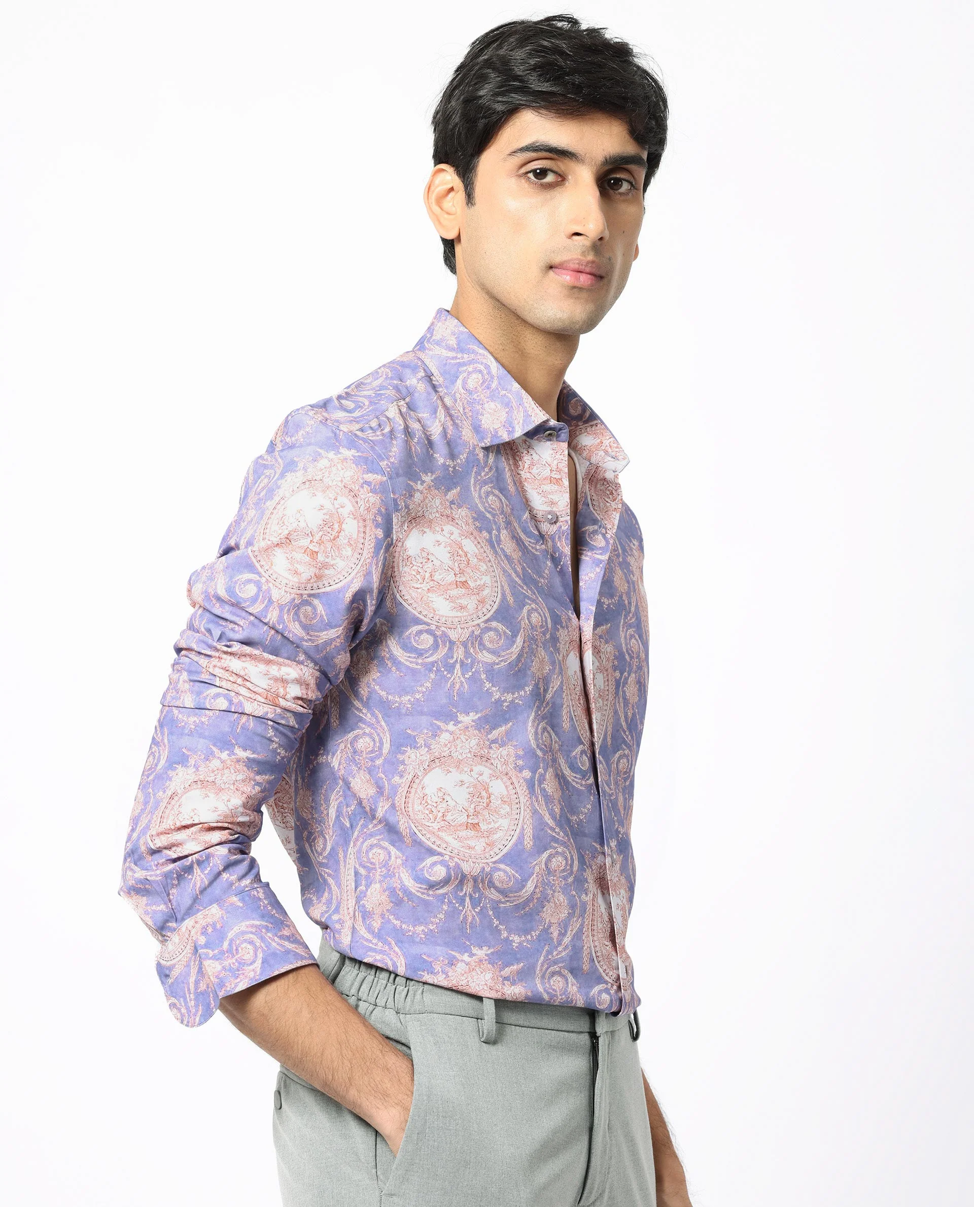 Rare Rabbit Men's Theon Dusky Purple Viscose Floral Print Regular Fit Full Sleeve Collared Shirt - Image 8