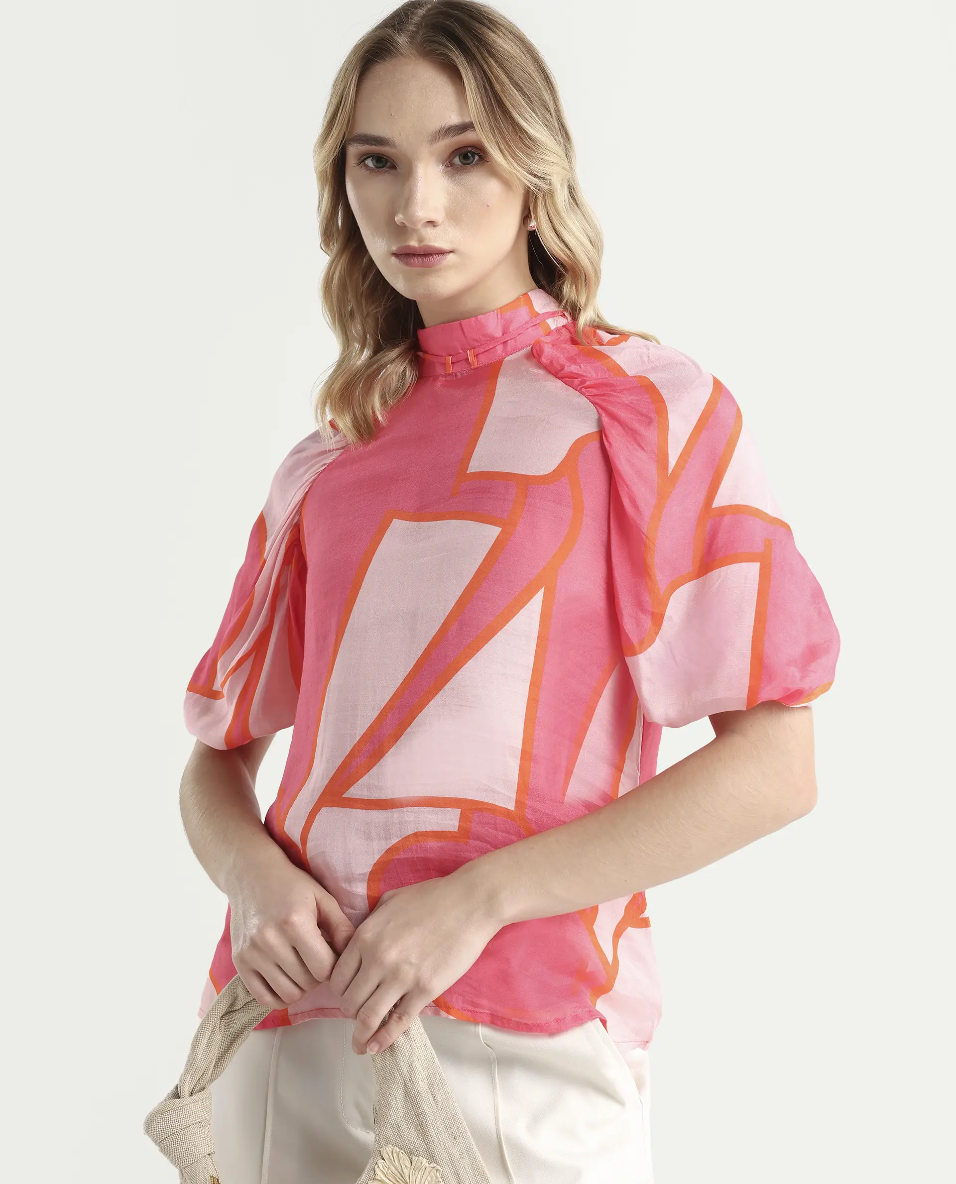 Rareism Women's Theos Pink Cotton Blend V-Neck Abstract Print Volume Sleeve Flared Top
