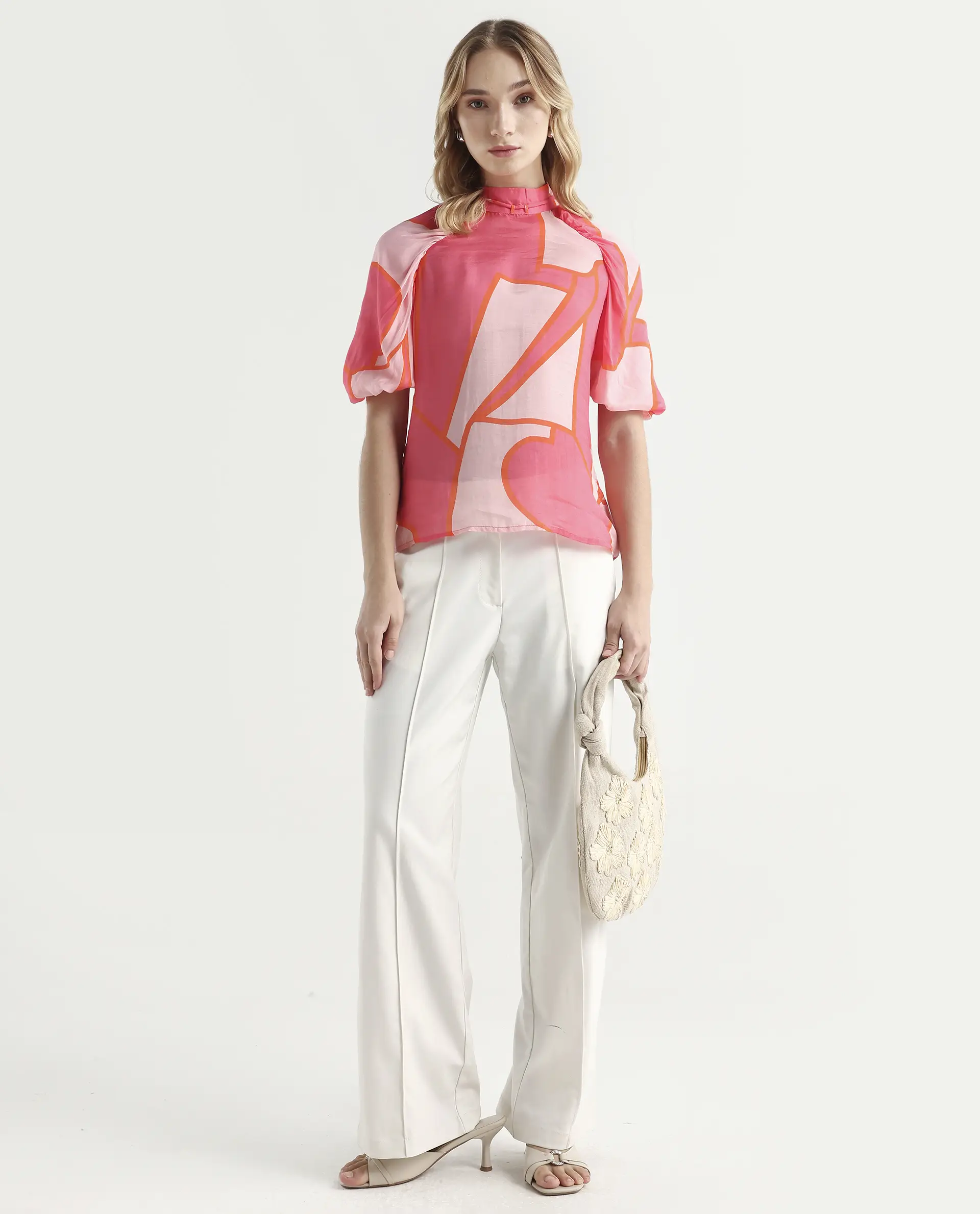 Rareism Women's Theos Pink Cotton Blend V-Neck Abstract Print Volume Sleeve Flared Top - Image 2