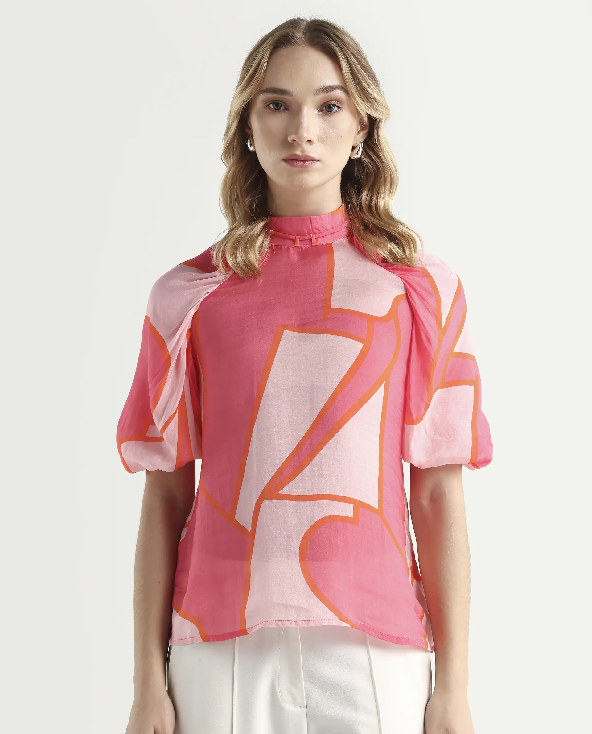 Rareism Women's Theos Pink Cotton Blend V-Neck Abstract Print Volume Sleeve Flared Top - Image 3
