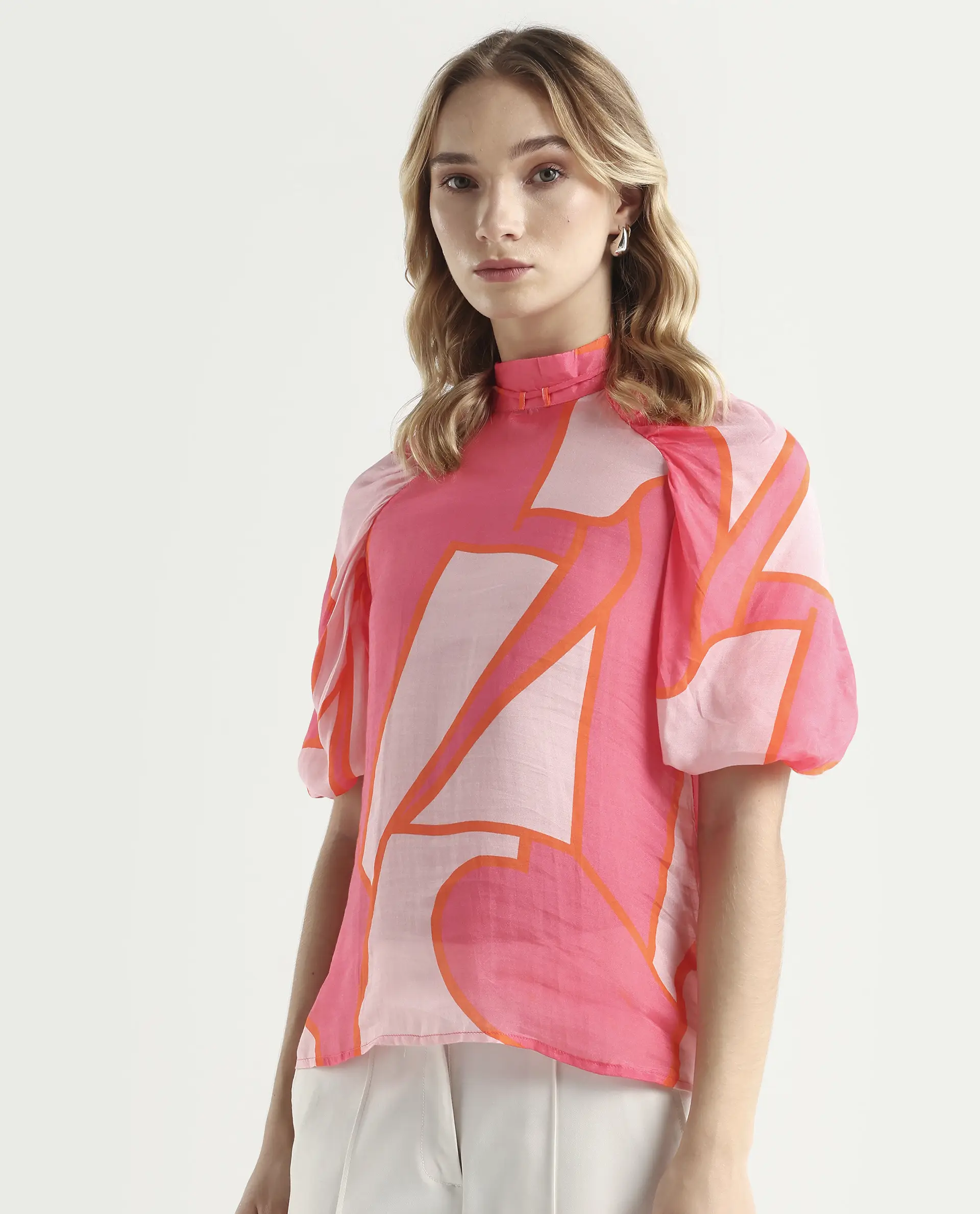 Rareism Women's Theos Pink Cotton Blend V-Neck Abstract Print Volume Sleeve Flared Top - Image 5